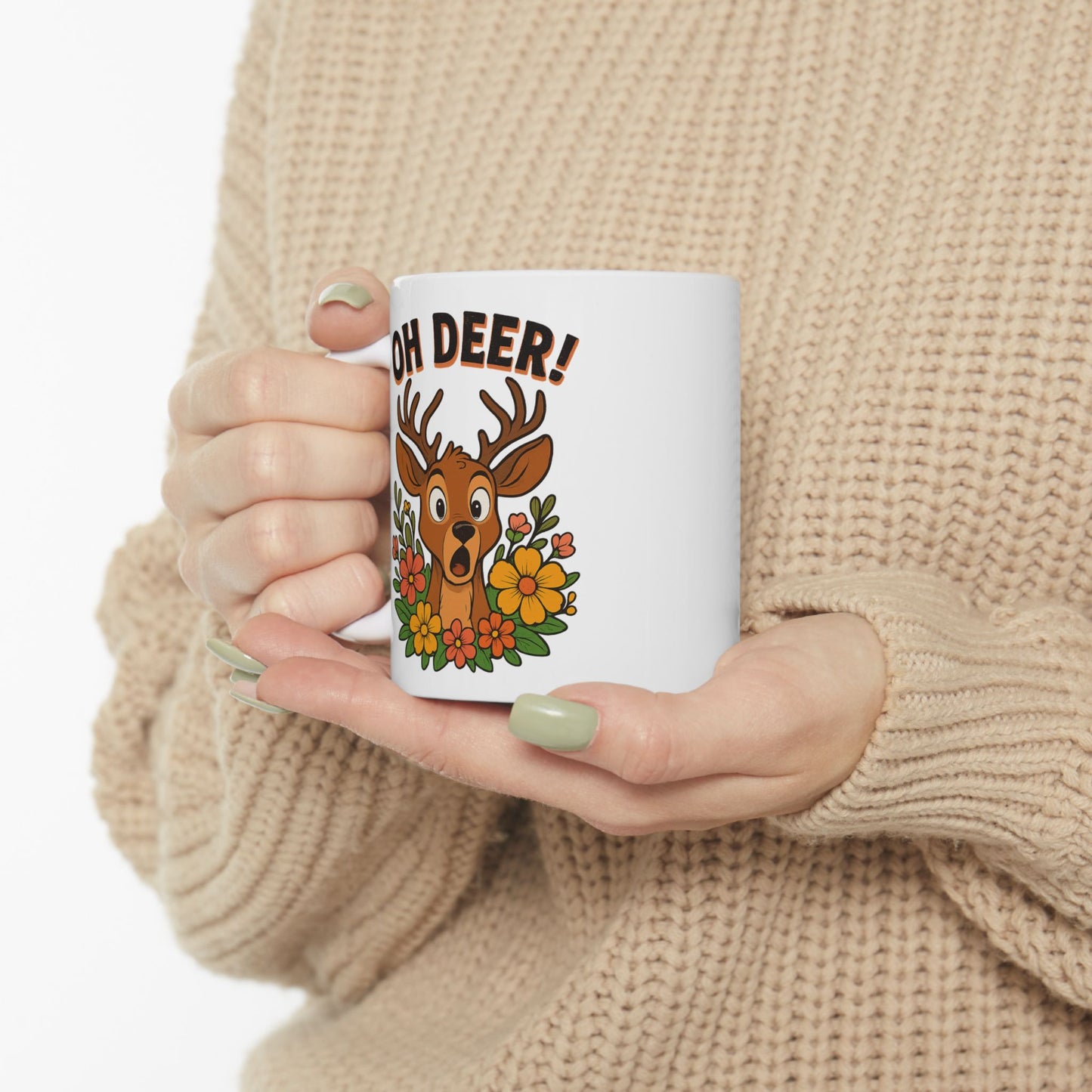 Funny Deer Coffee Mug | Oh Deer Cartoon Cup, Cute Animal Pun Gift, Nature Lover Tea Mug, Whimsical Flower Deer Cup for Wildlife Fans