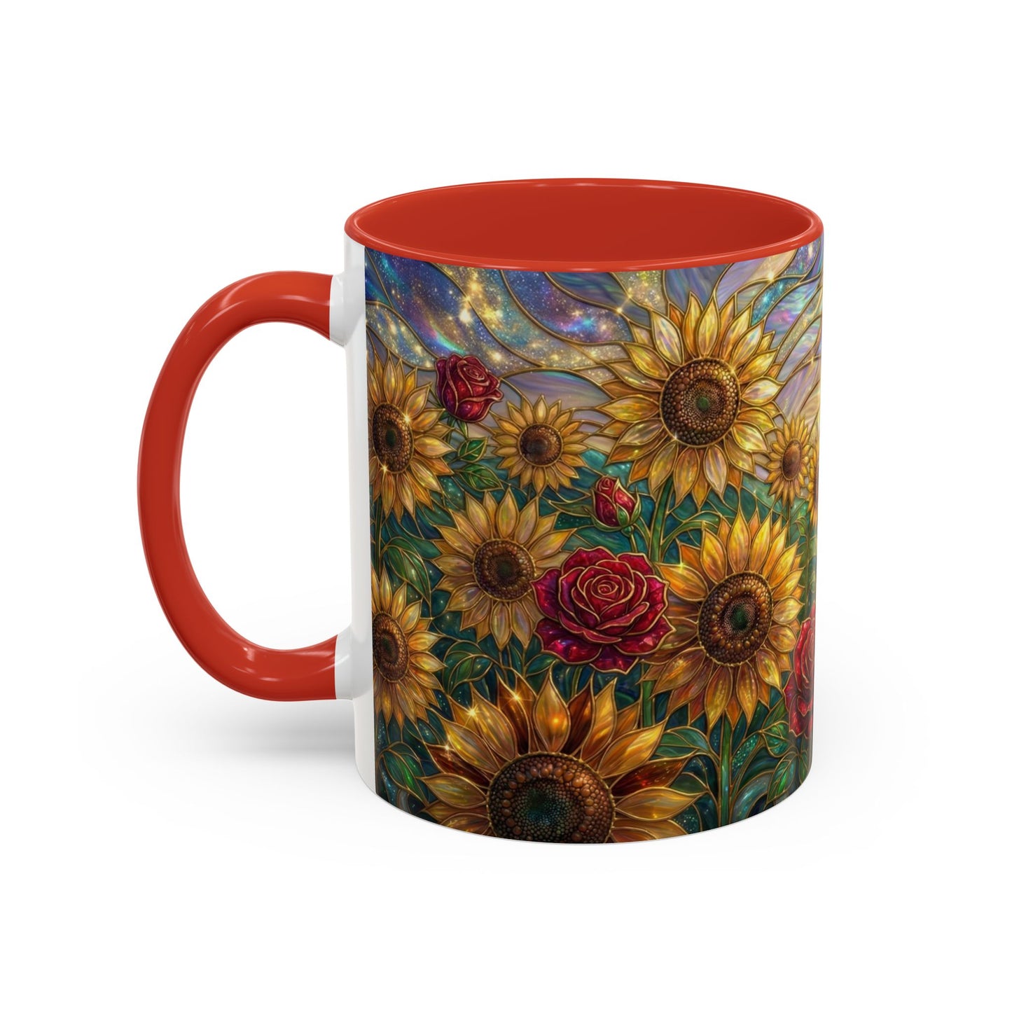 Personalized Stained Glass Sunflower Mug, Custom Red Rose Floral Coffee Cup, Celestial Night Sky Botanical Teacup, Gift For Flower Lover