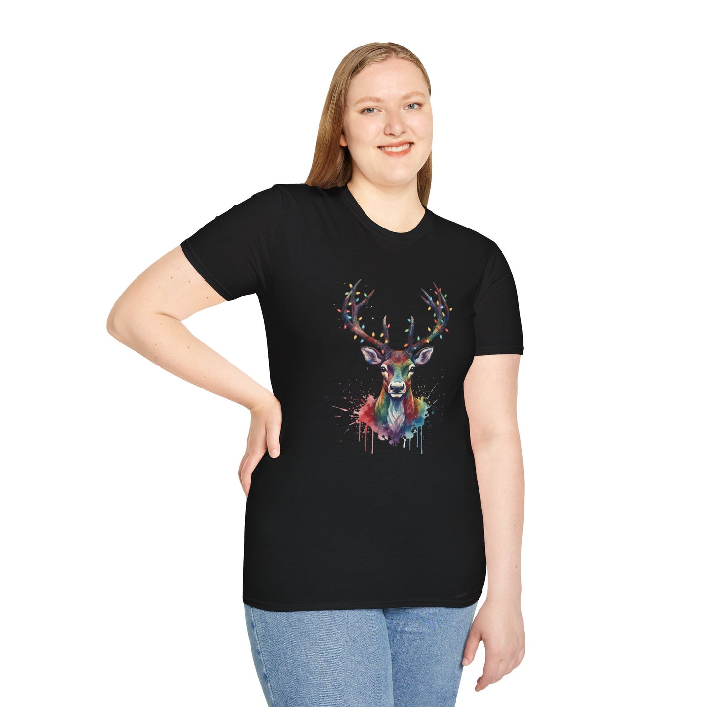 Christmas Deer Shirt, Watercolor Buck T-Shirt, Deer With Christmas Lights Tee, Holiday Wildlife Art Shirt, Colorful Deer Head Xmas Tee