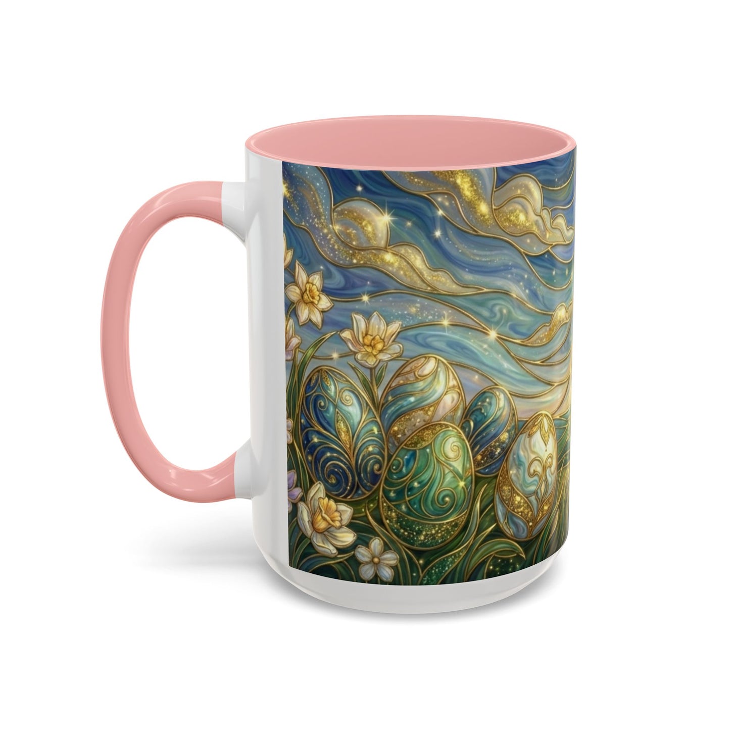 Stained Glass Easter Egg Mug, Magical Spring Floral Coffee Cup, Art Nouveau Fantasy Teacup, Elegant Celestial Starry Sky Mug Gift Idea