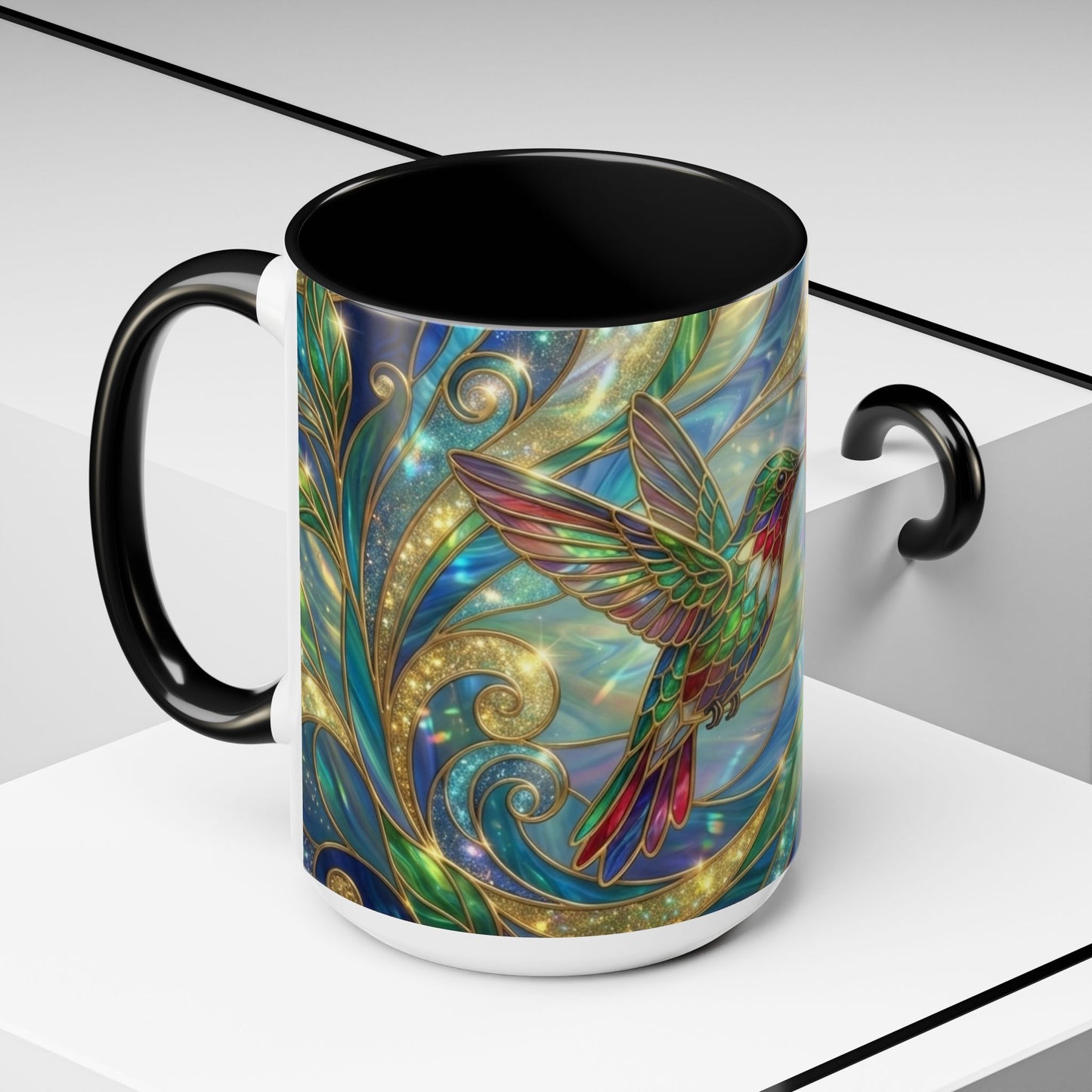 Stained Glass Hummingbird Mug, Colorful Floral Coffee Cup, Bird And Flower Art Mug, Nature Lover Gift, Artistic Garden Mug, Unique Gift