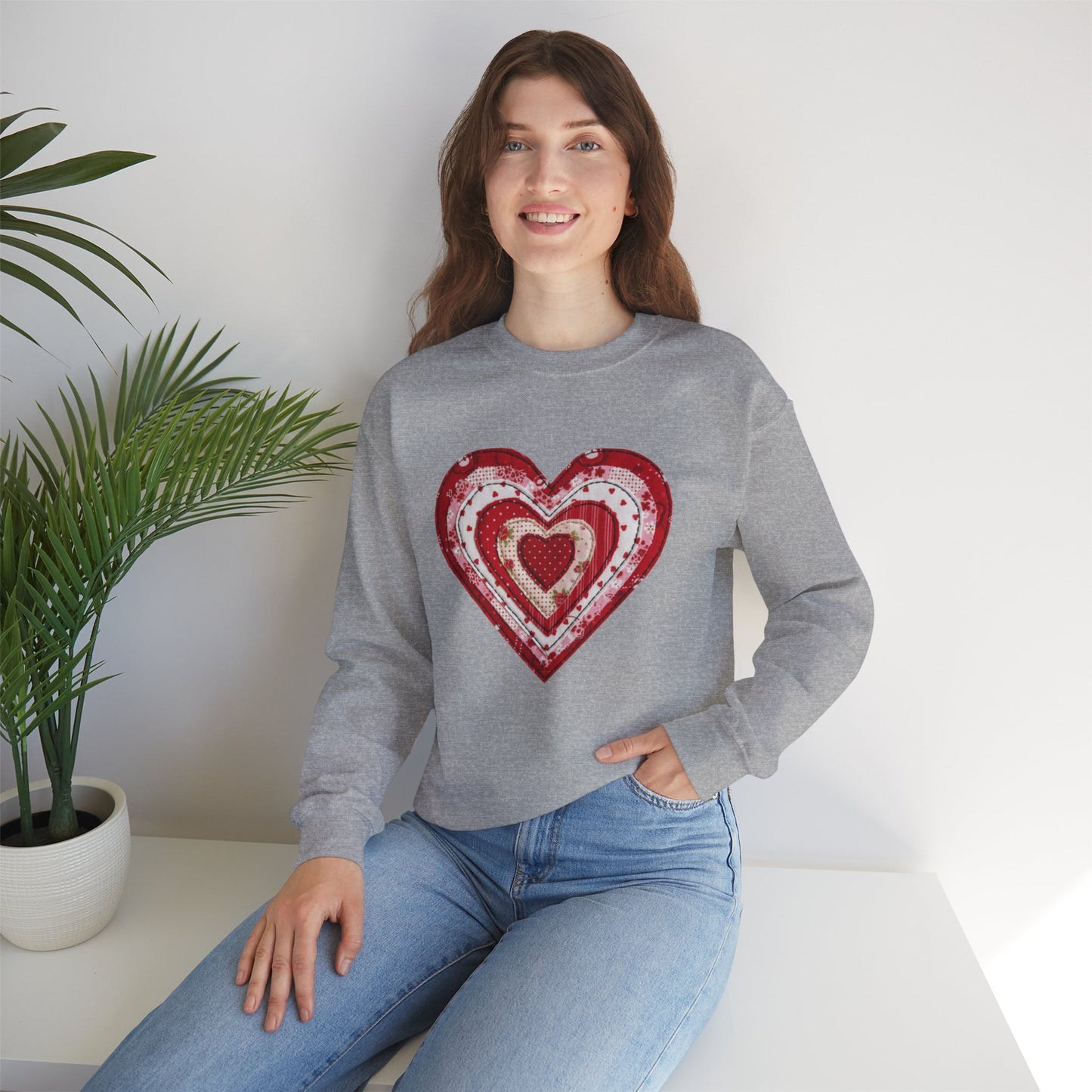 Faux Patchwork Heart Sweatshirt, Valentine Heart Shirt, Cute Valentine Gift, Retro Patchwork Crewneck, Cozy Love Sweater, Boho Heart Top