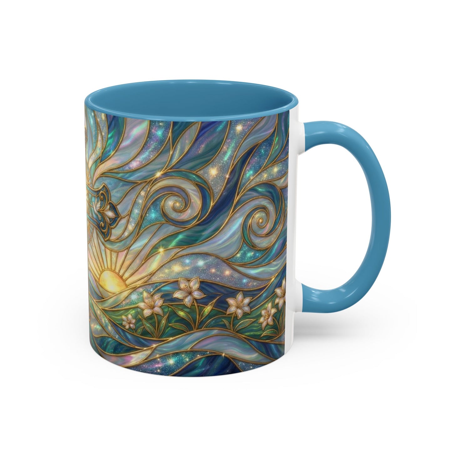Stained Glass Cross Mug, Christian Coffee Cup, Religious Easter Gift, Celestial Faith Mug, Spiritual Sunrise Cup, Dove Lily Print Mug
