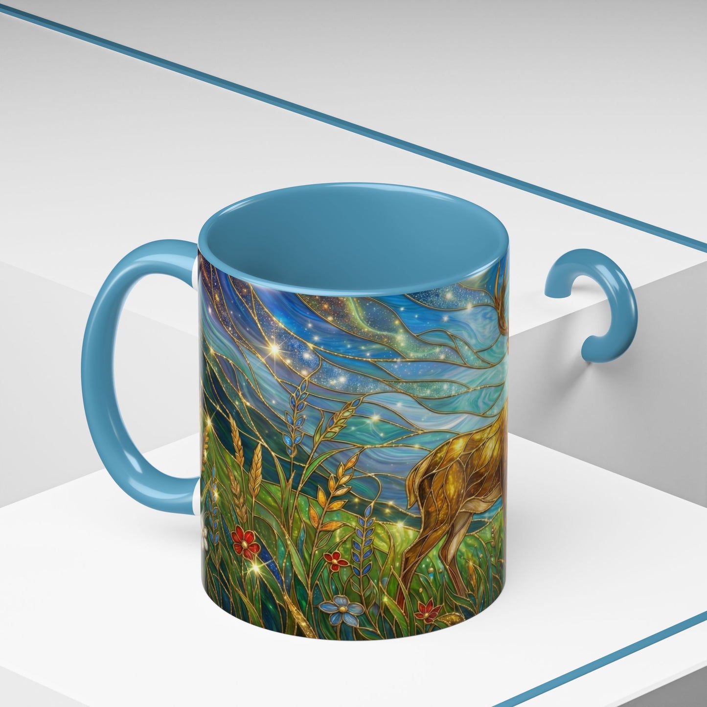 Stained Glass Deer Mug, Woodland Art Coffee Cup, Nature Forest Mug, Blue Green Gold Glass Style Mug, Gift For Nature Lovers Decor