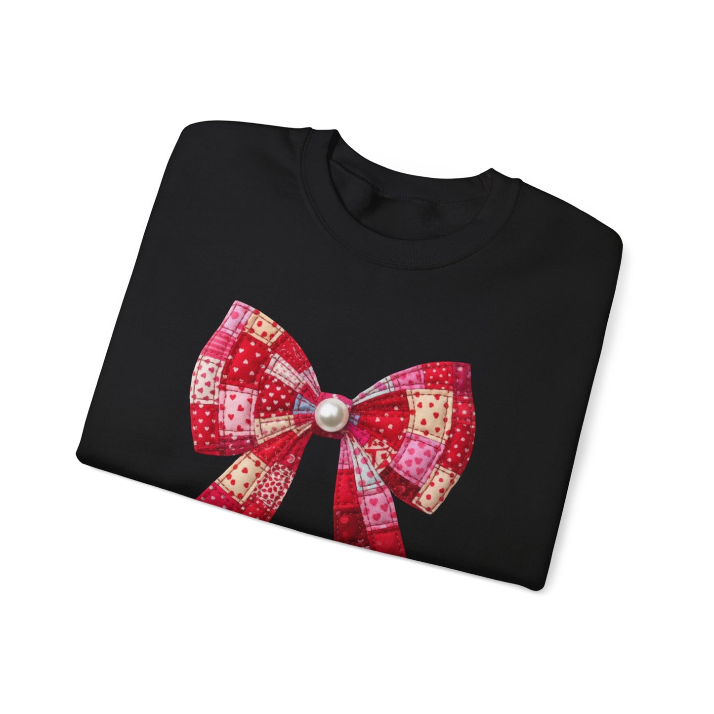 Faux Patchwork Bow Sweatshirt, Quilted Look Bow Crewneck, Pearl Bow Pullover, Cozy Coquette Sweatshirt, Girly Valentine Gift