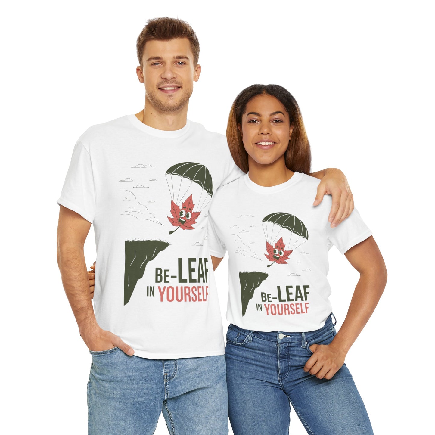 Be-Leaf In Yourself Maple Leaf Parachute T-Shirt | Funny Motivational Nature Graphic Tee | Self-Love Fall Autumn Shirt | Outdoorsy Gift