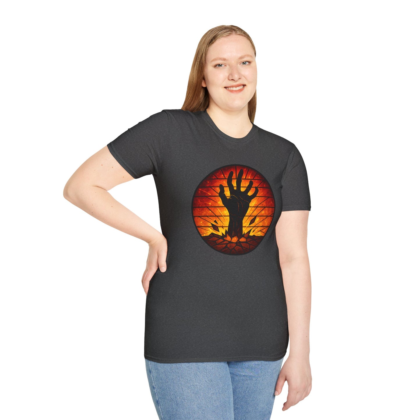 Zombie Hand Sunset T-Shirt – Stained Glass Horror Shirt, Halloween Gothic Tee, Undead Rising Art Tee, Creepy Spooky Shirt for Fall