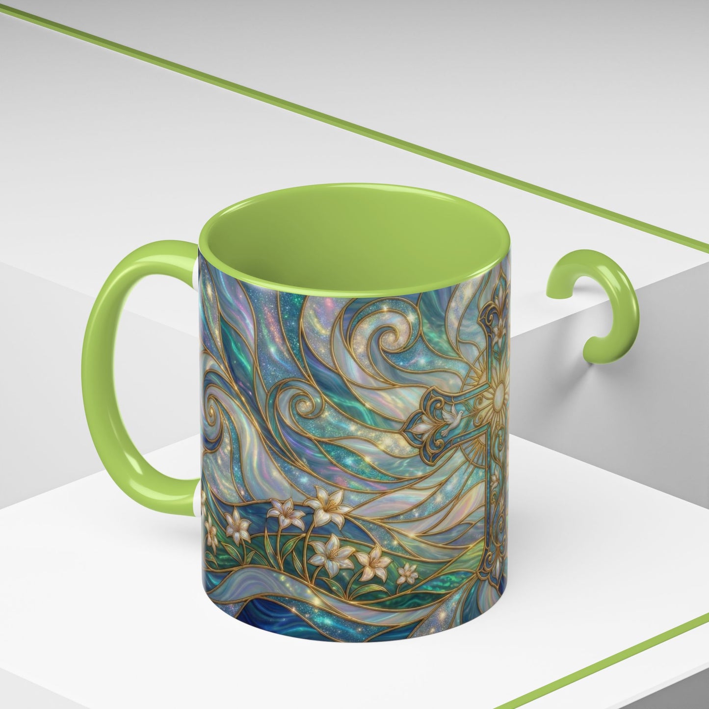 Stained Glass Cross Mug, Christian Coffee Cup, Religious Easter Gift, Celestial Faith Mug, Spiritual Sunrise Cup, Dove Lily Print Mug