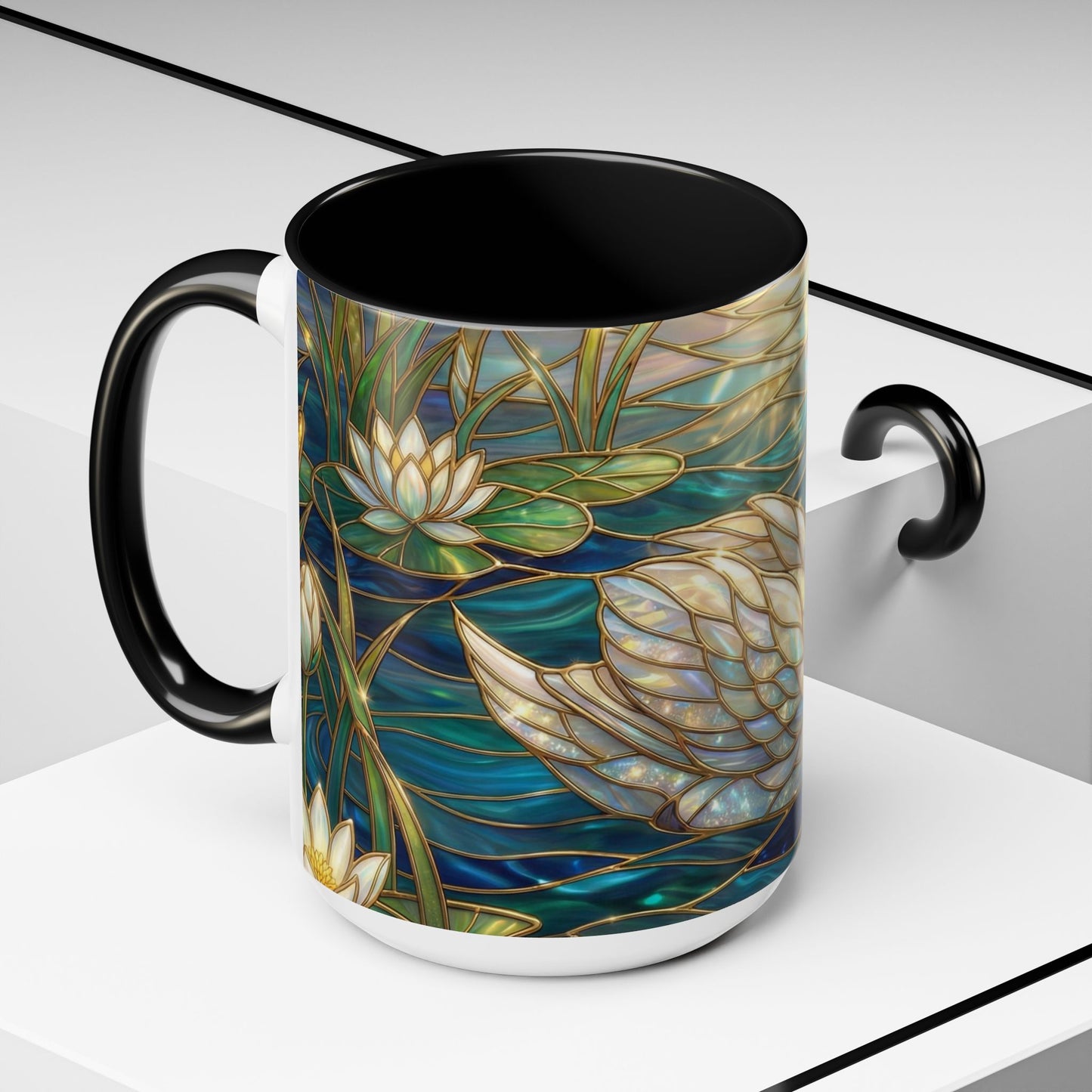 Stained Glass Swan Mug, Swan Coffee Cup, Elegant Swan Art Mug, Nature Decor Gift, Lake Swan Mug, Serene Animal Coffee Cup