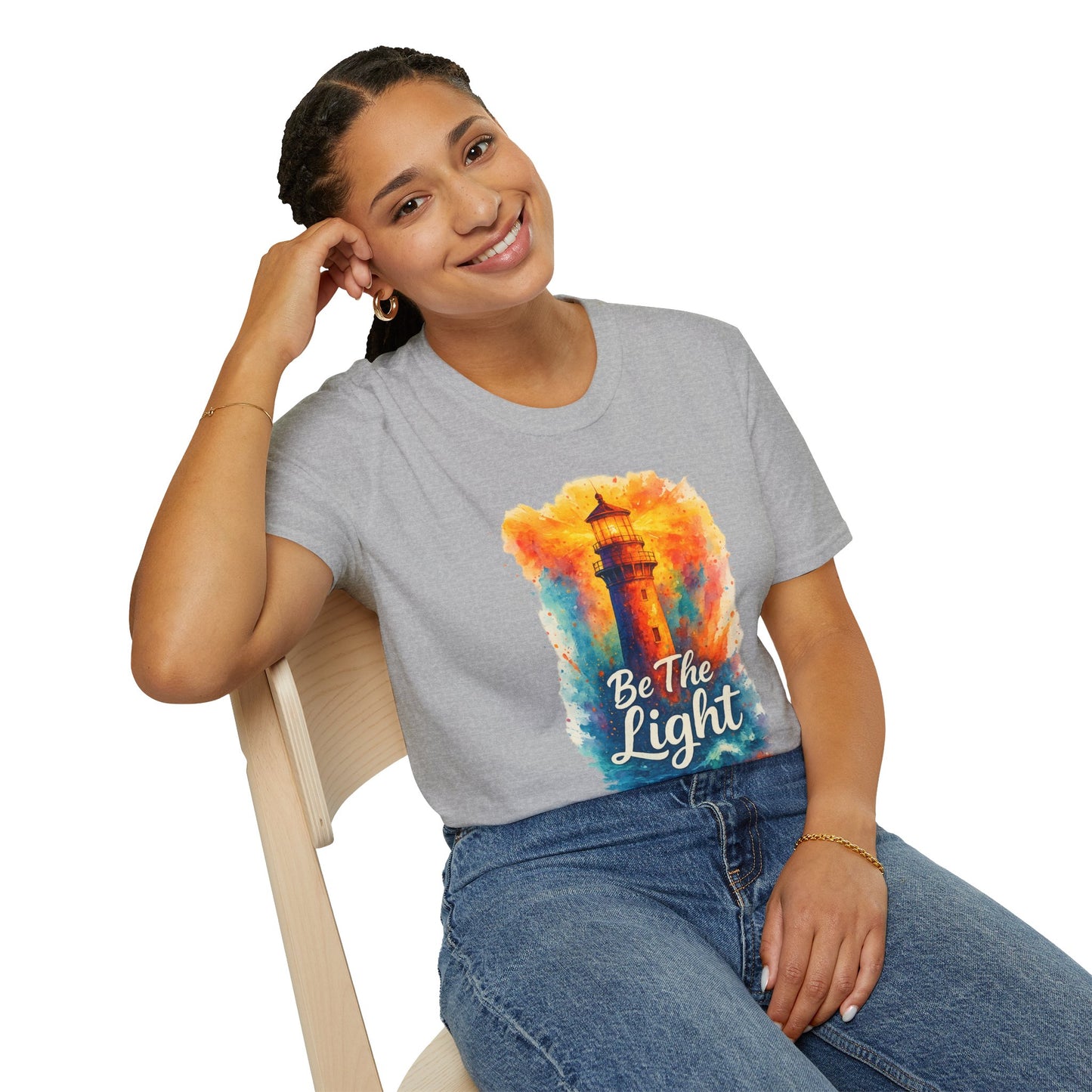 Be The Light Lighthouse T-Shirt | Inspirational Spiritual Tee | Coastal Nautical Gift for Her and Him | Unisex Softstyle Graphic Tee
