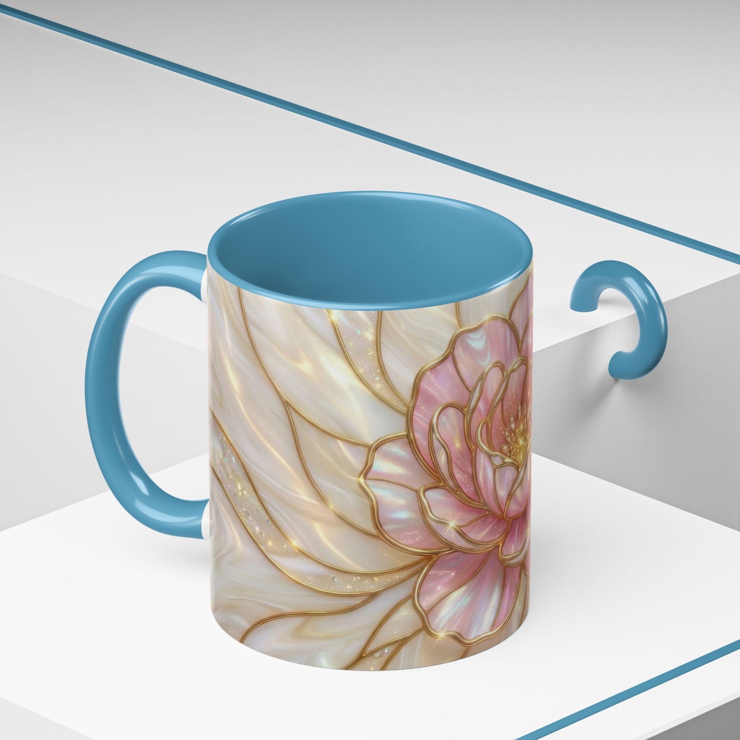 Pink Peony Stained Glass Mug, Gold Floral Coffee Cup, Elegant Flower Gift For Her, Fairycore Tea Cup, Mothers Day Present, Pearl Art Decor