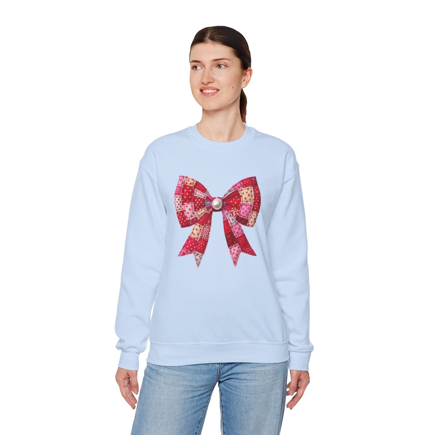 Faux Patchwork Bow Sweatshirt, Quilted Look Bow Crewneck, Pearl Bow Pullover, Cozy Coquette Sweatshirt, Girly Valentine Gift