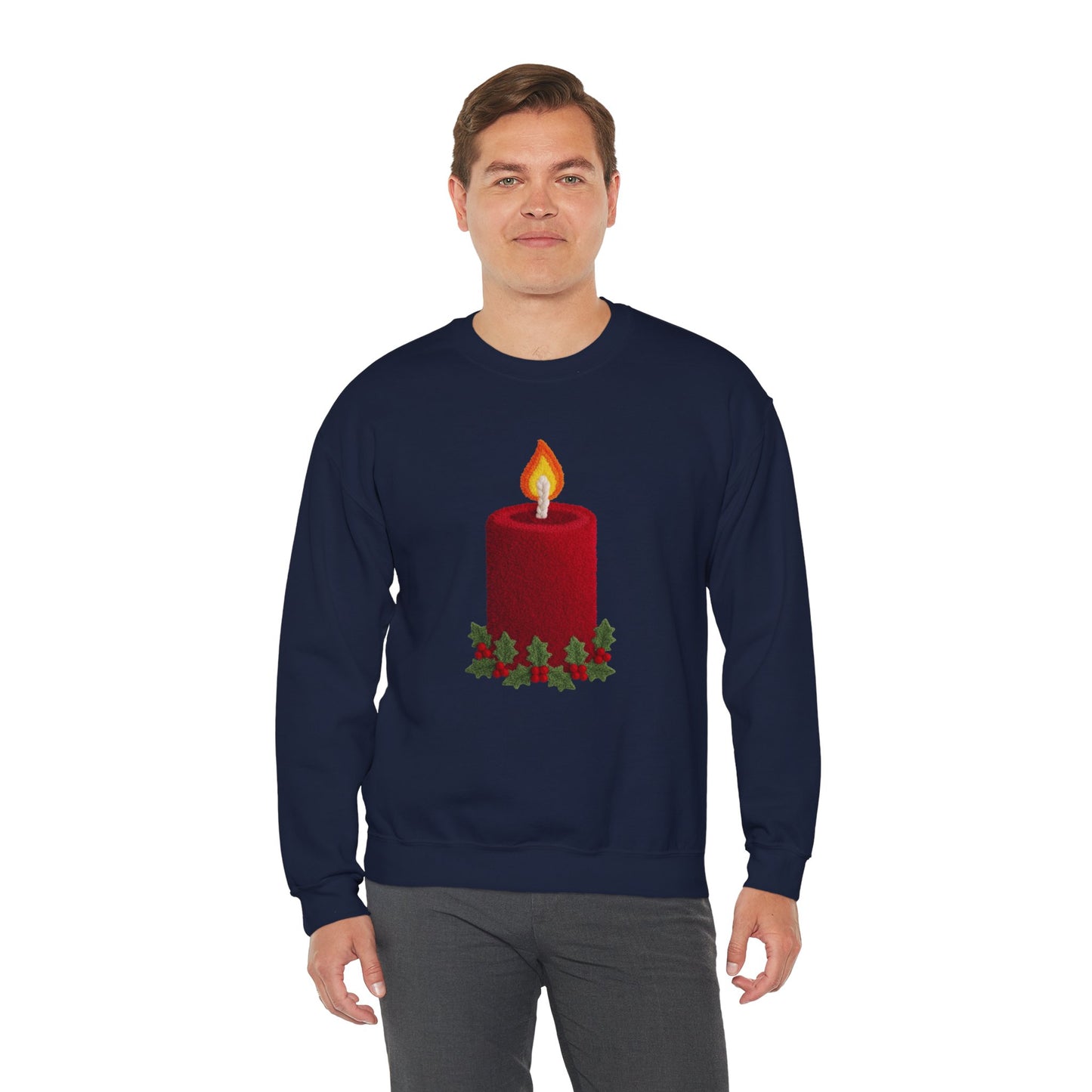 Faux Patchwork Crochet Candle Sweatshirt, Christmas Candle Sweater, Holiday Cozy Winter Crewneck, Cute Xmas Candle Sweatshirt, Unisex Holiday Top