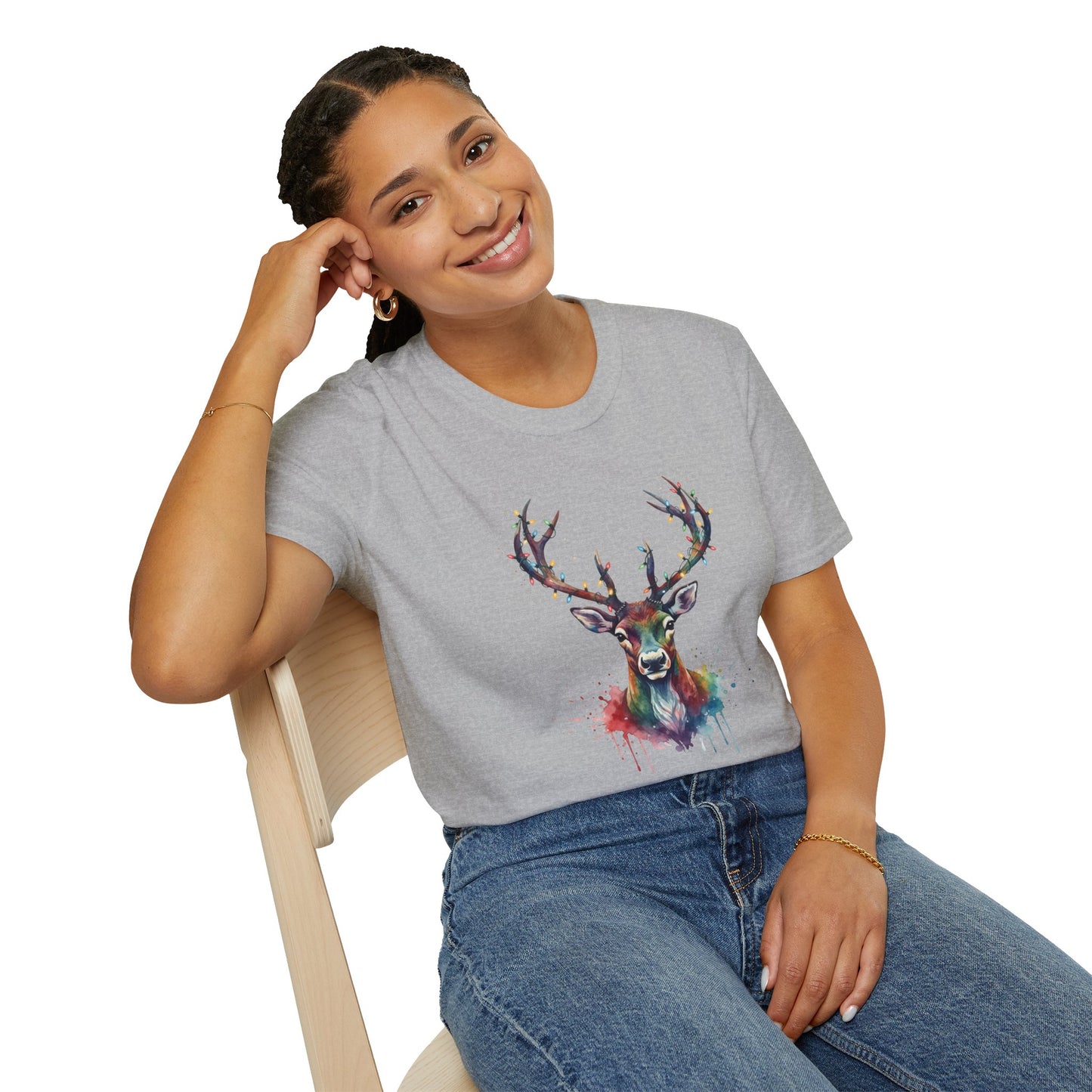 Christmas Deer Shirt, Watercolor Buck T-Shirt, Deer With Christmas Lights Tee, Holiday Wildlife Art Shirt, Colorful Deer Head Xmas Tee