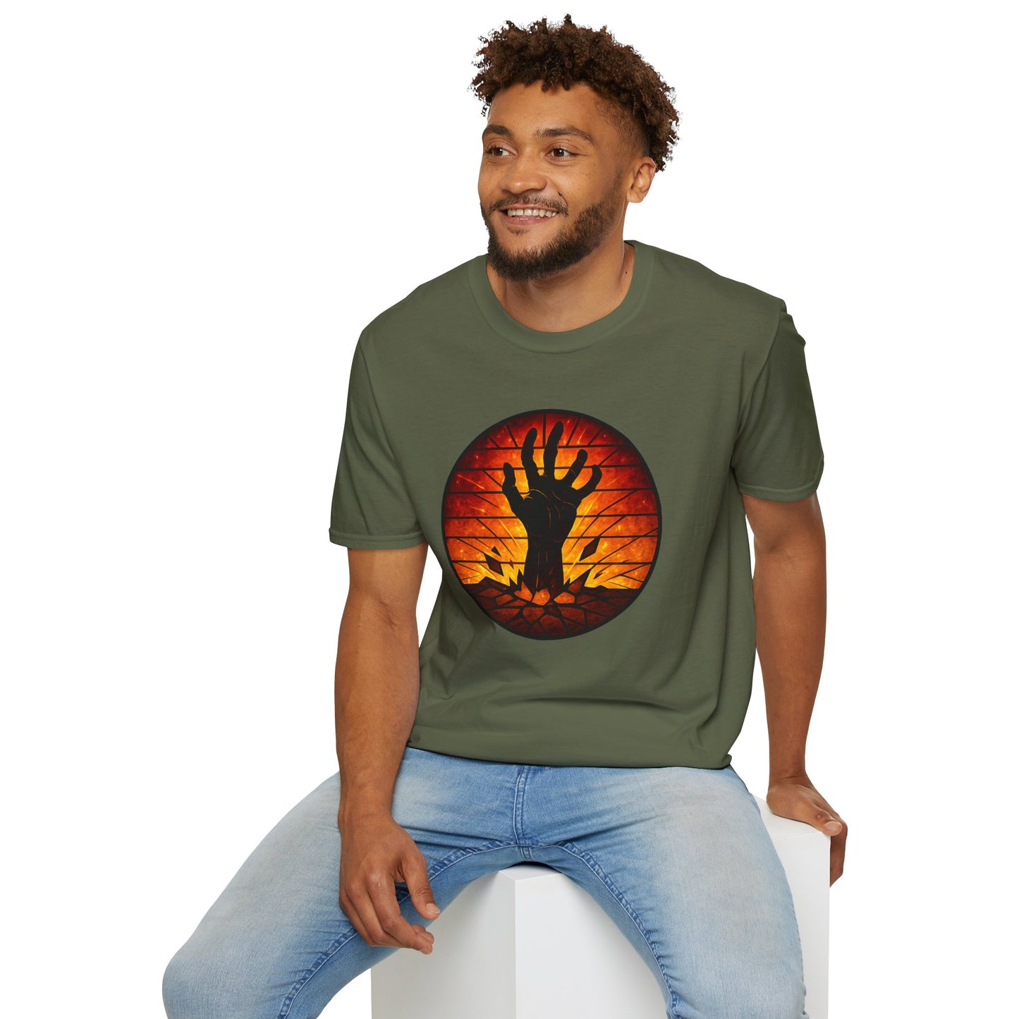 Zombie Hand Sunset T-Shirt – Stained Glass Horror Shirt, Halloween Gothic Tee, Undead Rising Art Tee, Creepy Spooky Shirt for Fall