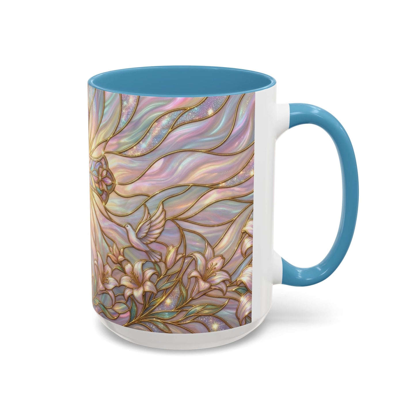 Stained Glass Cross Mug, Easter Lily Coffee Cup, Christian Gift for Women, Pastel Religious Drinkware, Dove and Faith Cup, Spiritual