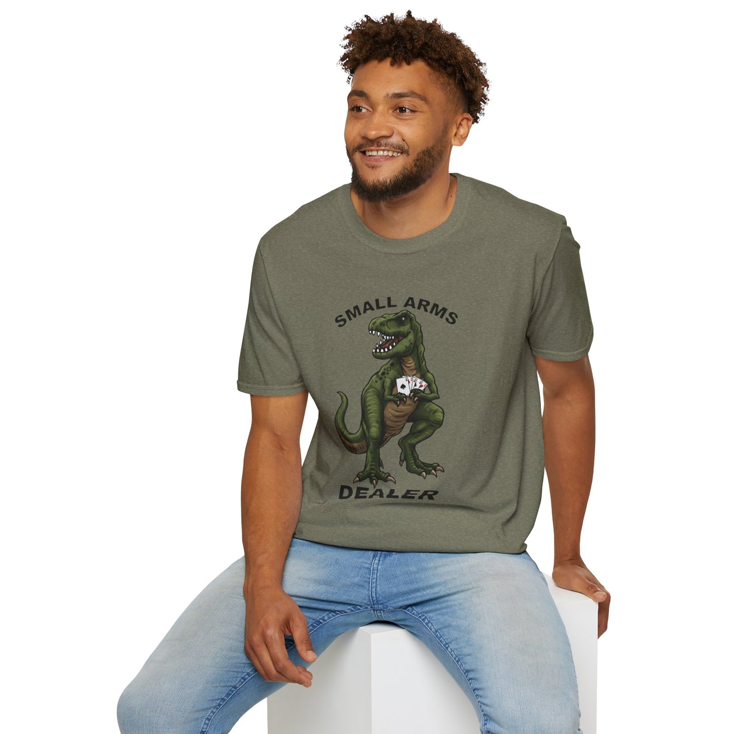 Funny Small Arms Dealer T-Rex Shirt, Dinosaur Pun Tee, Hilarious Graphic T-Shirt for Men & Women, Great Gift for Dad, Friend, or Coworker