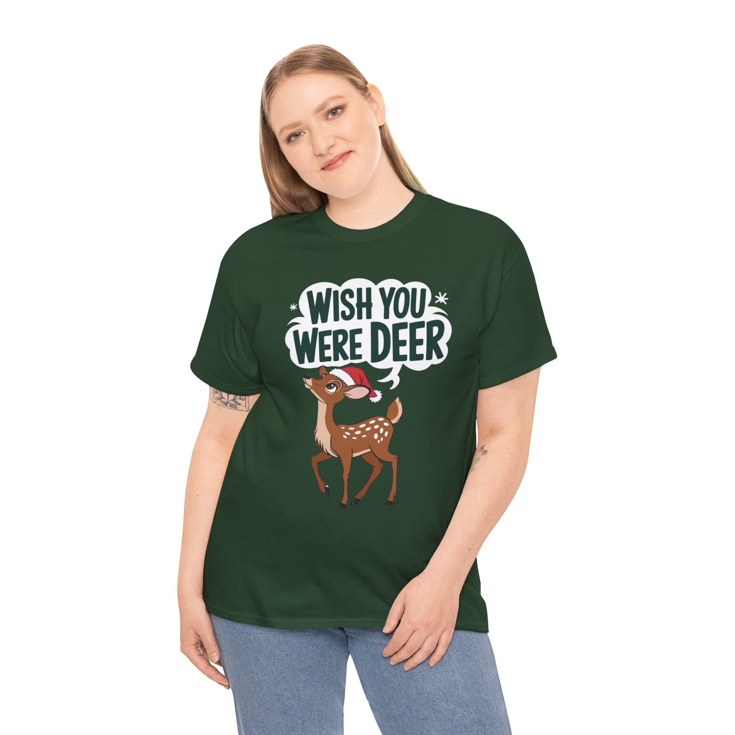 Wish You Were Deer Funny Christmas T-Shirt, Cute Reindeer Holiday Tee, Pun Christmas Shirt, Festive Santa Hat Deer Graphic Tee Gift