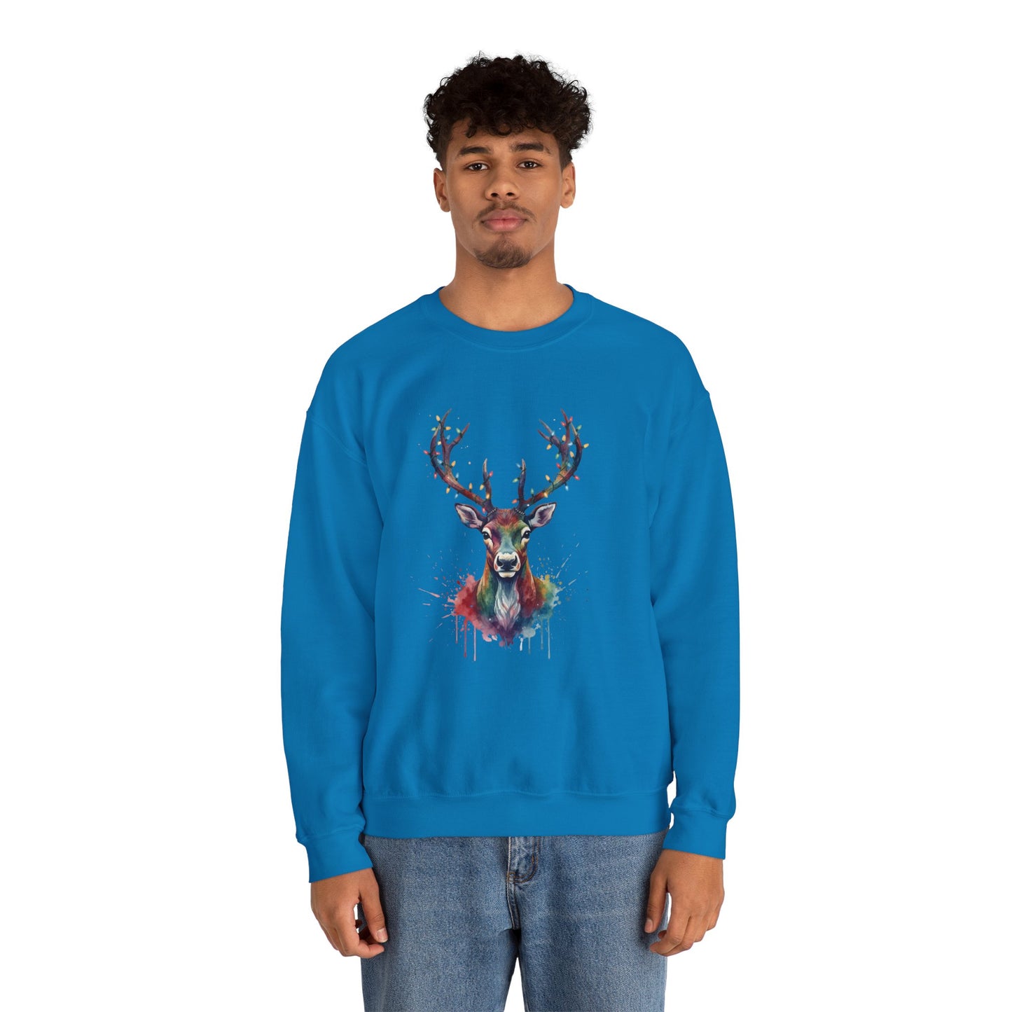 Colorful Reindeer Christmas Sweatshirt, Holiday Deer Lights Sweater, Watercolor Winter Crewneck, Festive Cozy Gift For Him Or Her