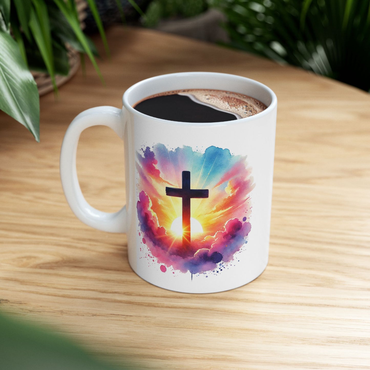 Christian Cross Sunrise Mug – Inspirational Faith Coffee Cup with Colorful Sky & Clouds, Religious Gift, Dishwasher Safe Prayer Mug