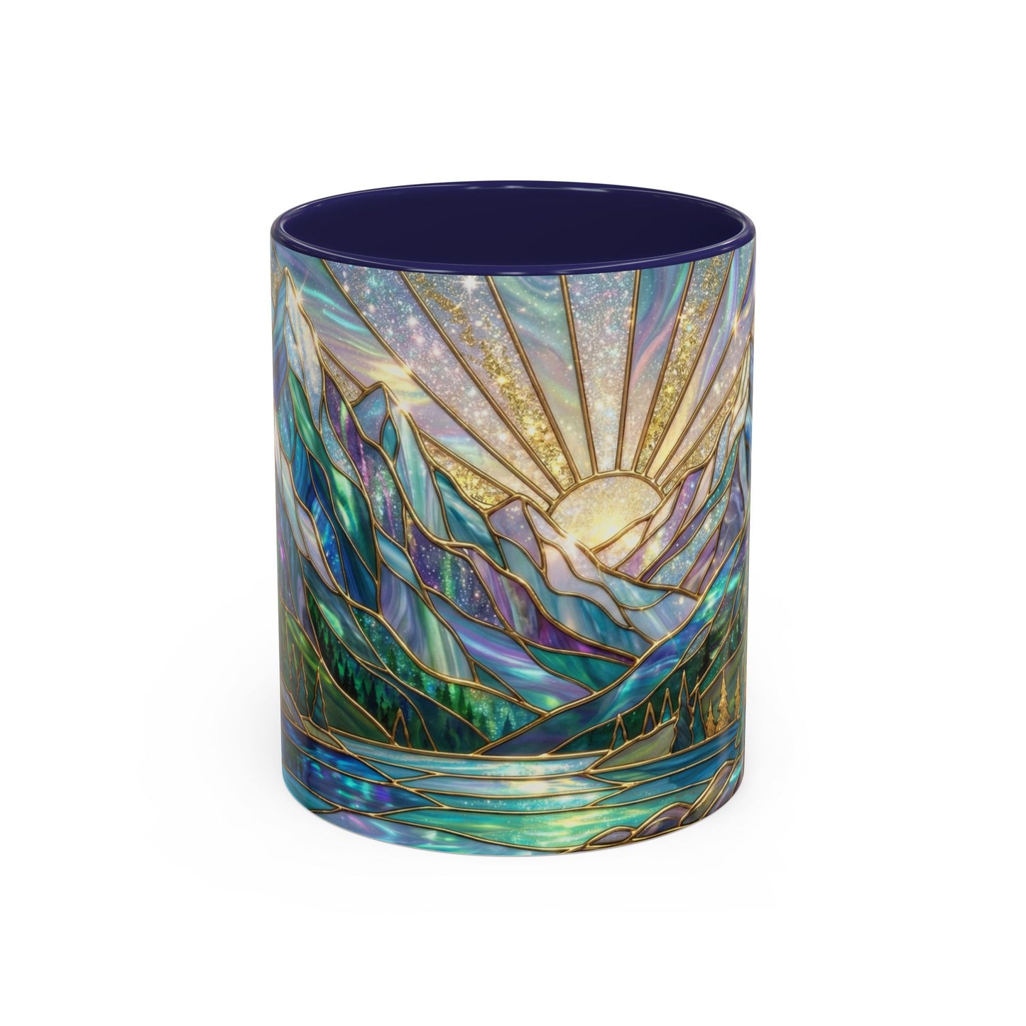 Stained Glass Mountain Mug, Mountain Landscape Coffee Cup, Galaxy Sky Nature Ceramic Mug, Sunrise River Forest Art, 11oz 15oz Gift
