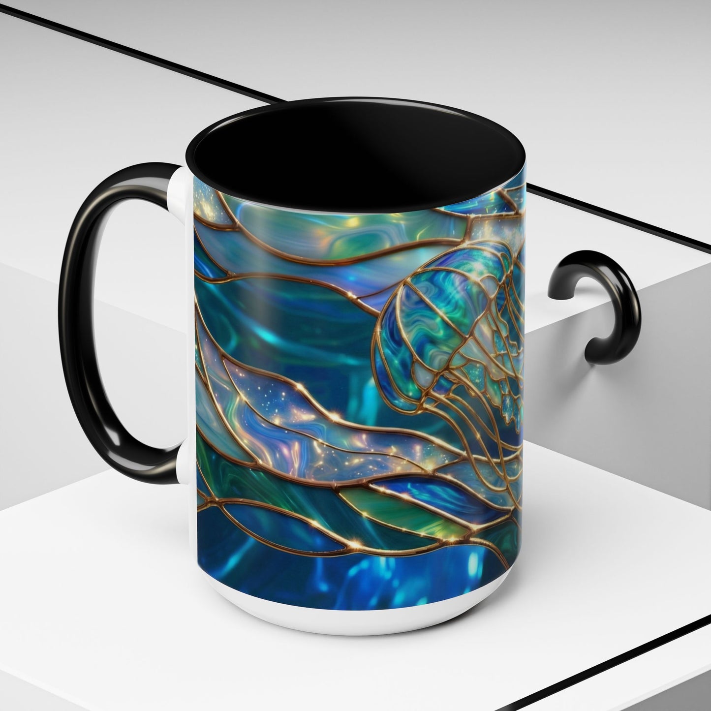 Stained Glass Jellyfish Mug, Ocean Art Coffee Cup, Nautical Sea Life Mug, Blue Teal Gold Glass Style Mug, Gift For Ocean Lovers Decor
