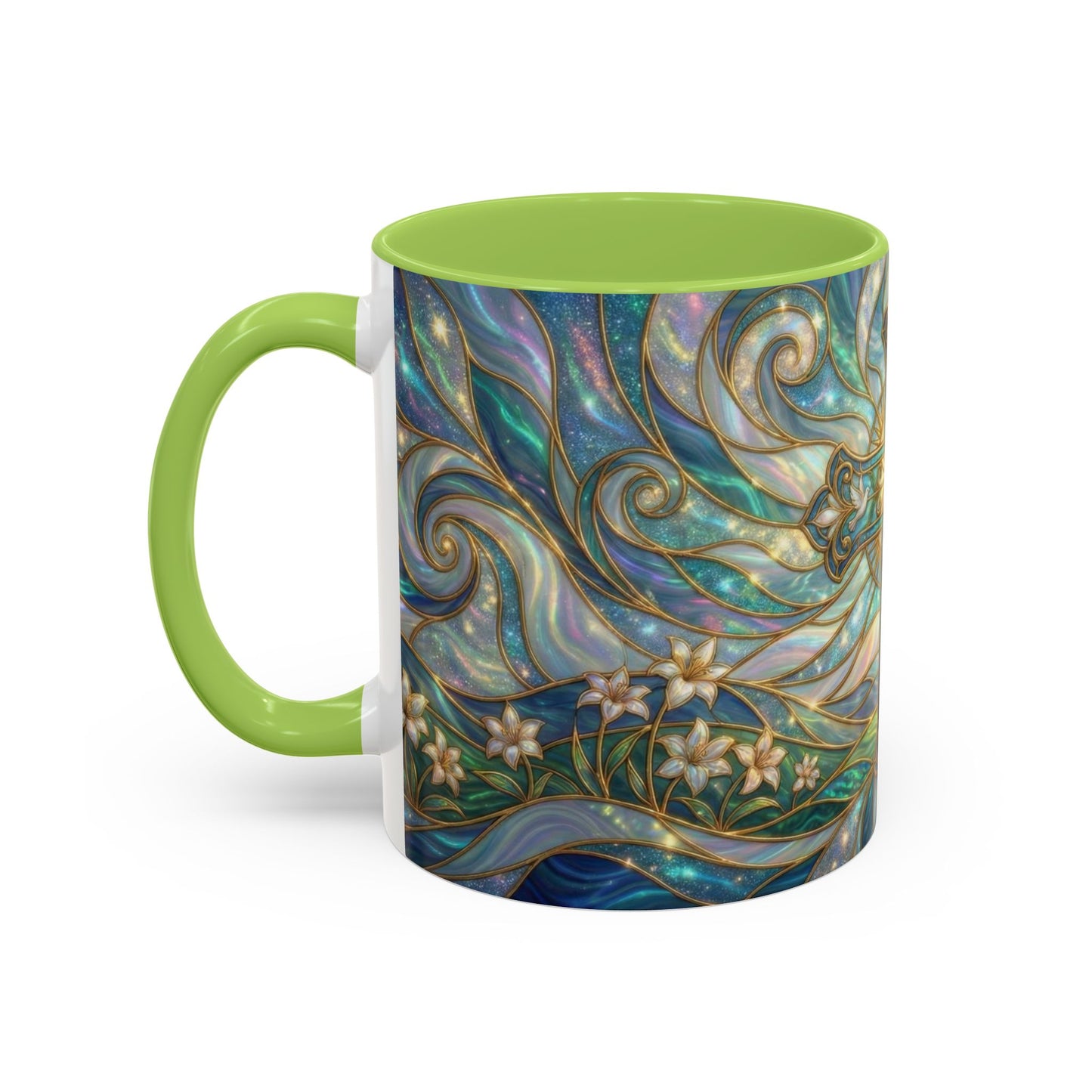 Stained Glass Cross Mug, Christian Coffee Cup, Religious Easter Gift, Celestial Faith Mug, Spiritual Sunrise Cup, Dove Lily Print Mug