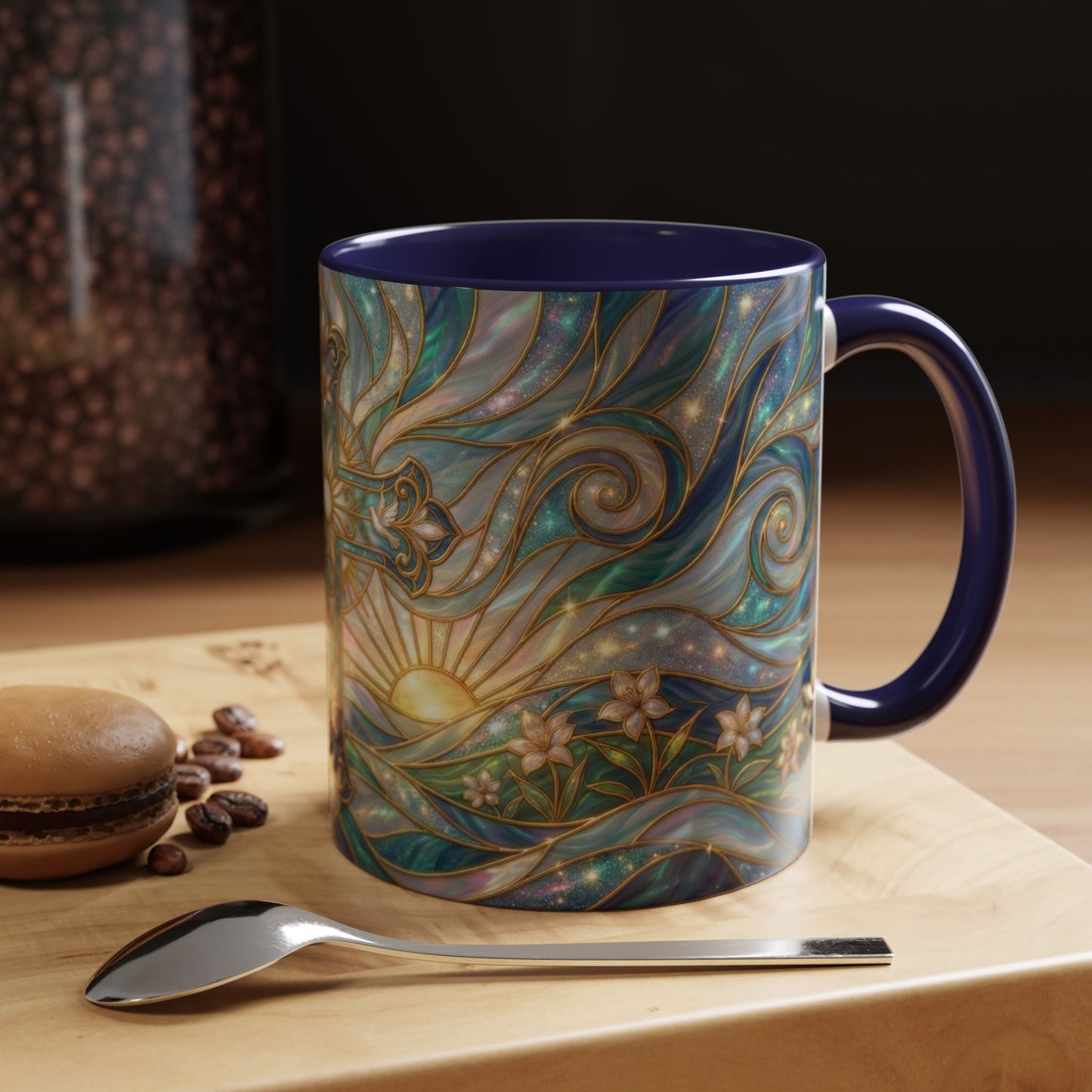 Stained Glass Cross Mug, Christian Coffee Cup, Religious Easter Gift, Celestial Faith Mug, Spiritual Sunrise Cup, Dove Lily Print Mug