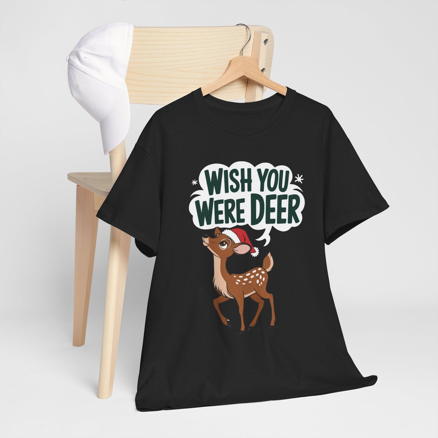 Wish You Were Deer Funny Christmas T-Shirt, Cute Reindeer Holiday Tee, Pun Christmas Shirt, Festive Santa Hat Deer Graphic Tee Gift