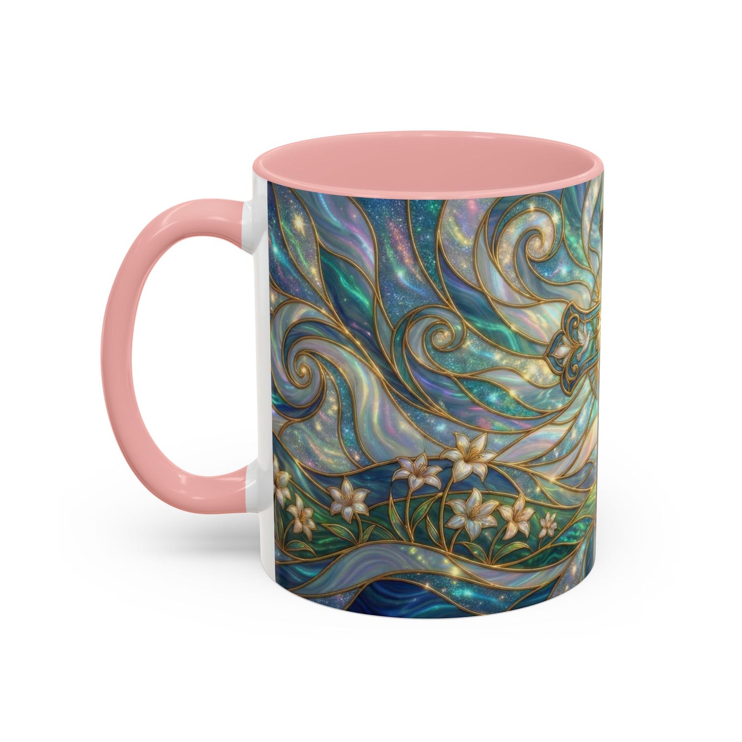 Stained Glass Cross Mug, Christian Coffee Cup, Religious Easter Gift, Celestial Faith Mug, Spiritual Sunrise Cup, Dove Lily Print Mug