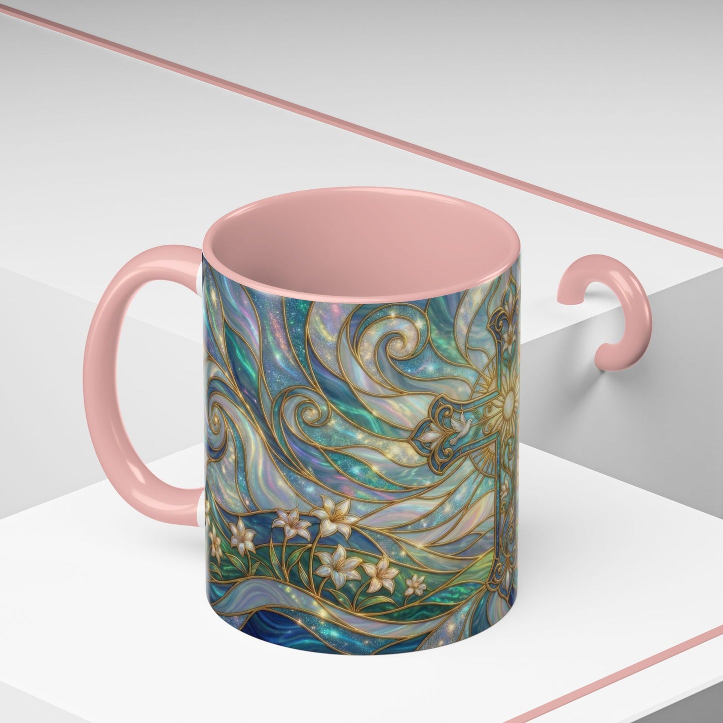 Stained Glass Cross Mug, Christian Coffee Cup, Religious Easter Gift, Celestial Faith Mug, Spiritual Sunrise Cup, Dove Lily Print Mug