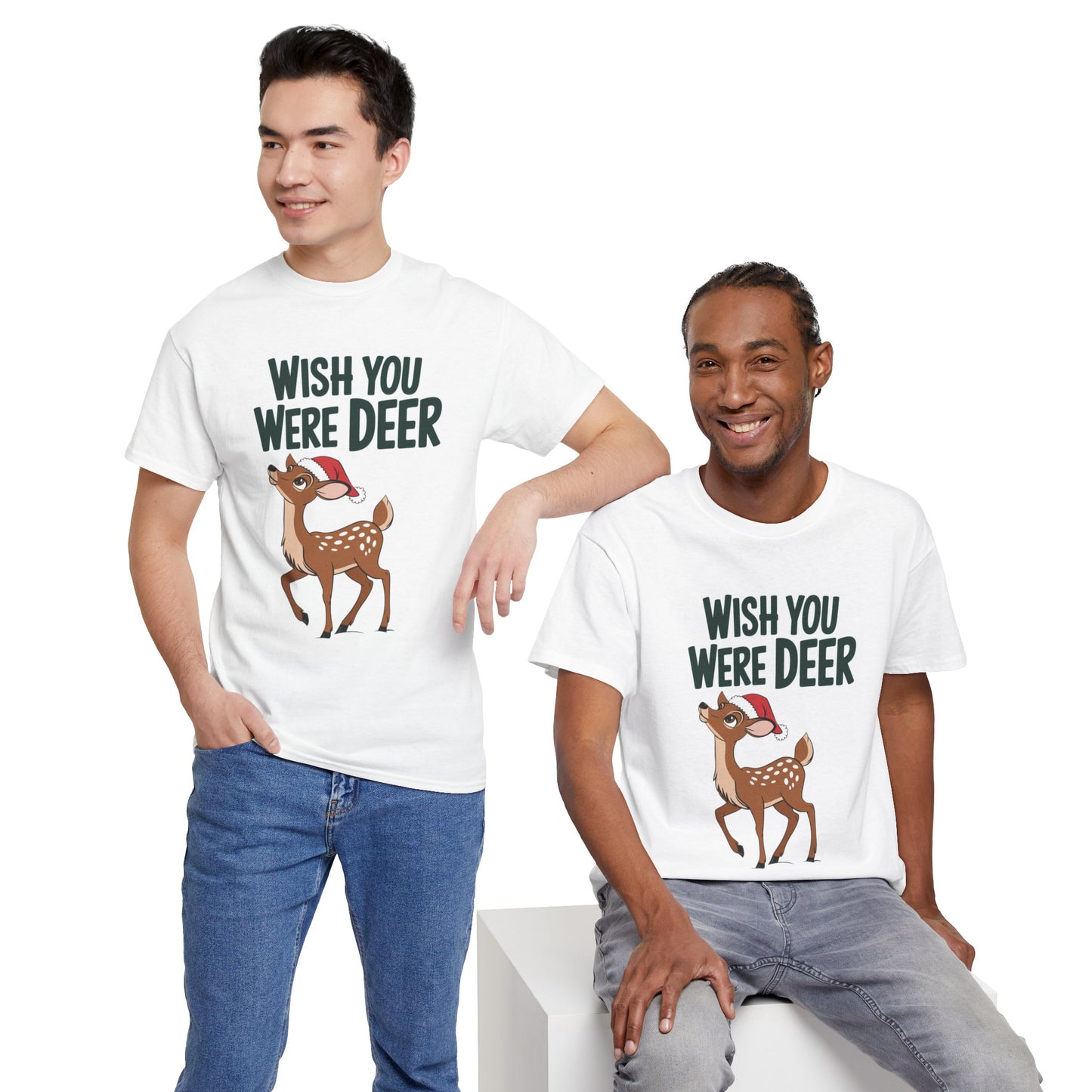Wish You Were Deer Funny Christmas T-Shirt, Cute Reindeer Holiday Tee, Pun Christmas Shirt, Festive Santa Hat Deer Graphic Tee Gift