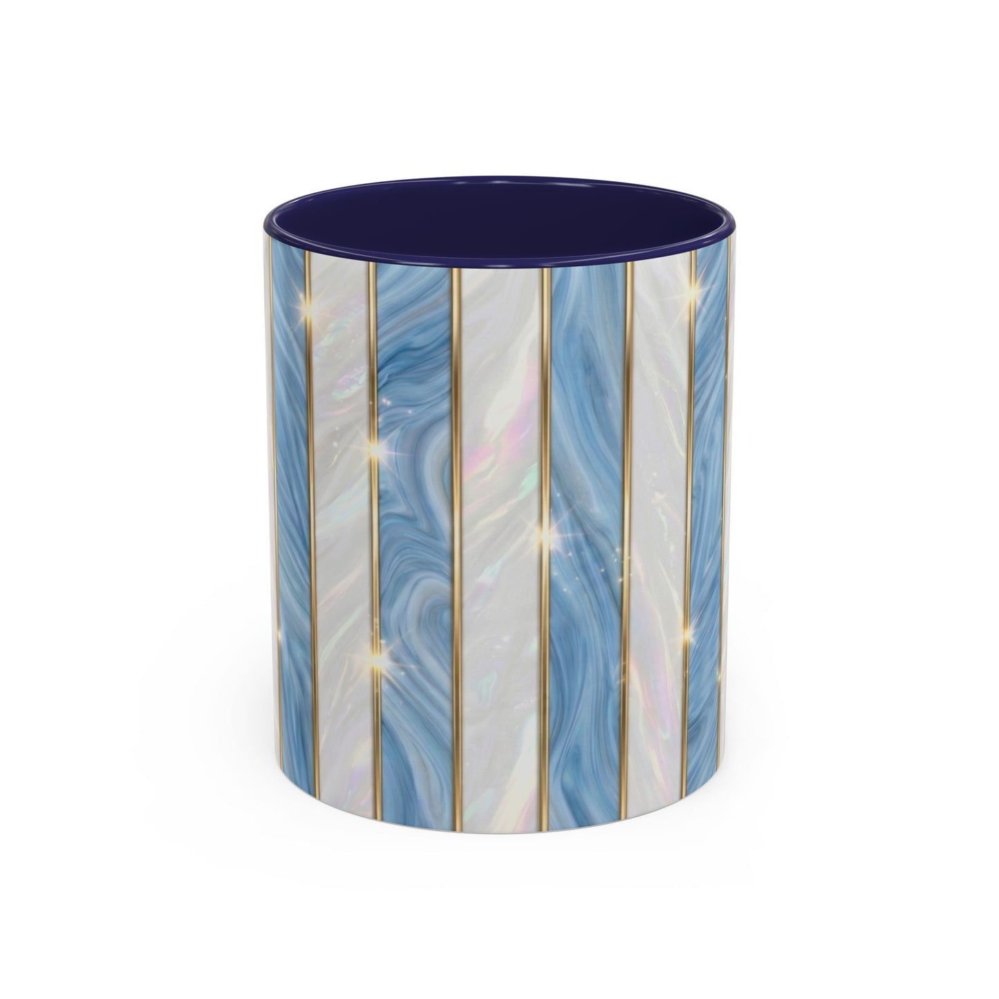 Faux Stained Glass Mug, Blue Pearlescent Coffee Cup, Art Deco Stained Glass Decor, Elegant Gold Stripe Teacup, Unique Art Gift For Her