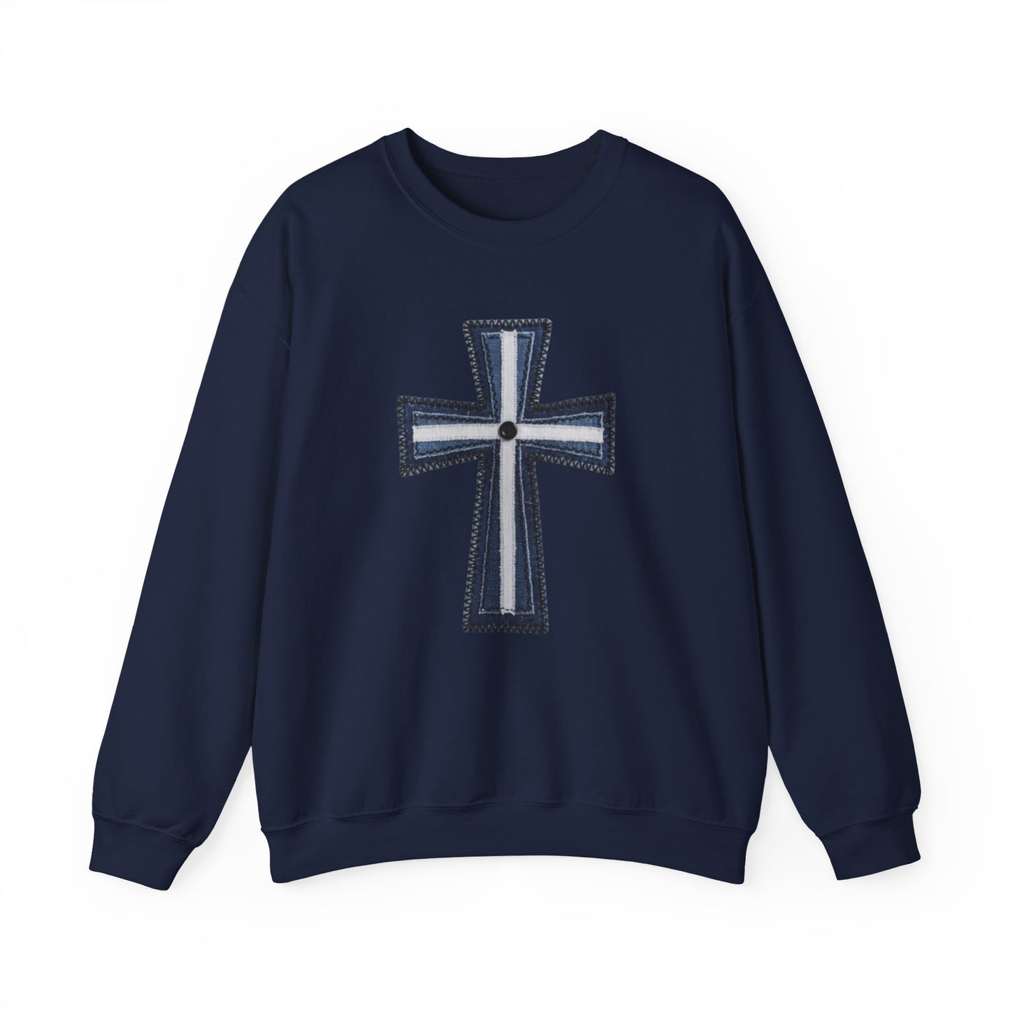 Faux Patchwork Cross Sweatshirt, Christian Patchwork Style Crewneck, Faith Gift for Women Men, Rustic Cross Sweatshirt, Religious Xmas Gift