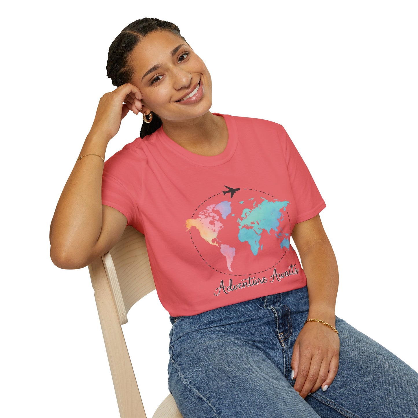 Adventure Awaits Travel Shirt | Watercolor World Map Tee for Women and Men | Wanderlust Gift for Travelers, Hikers, Campers, Beach Lovers