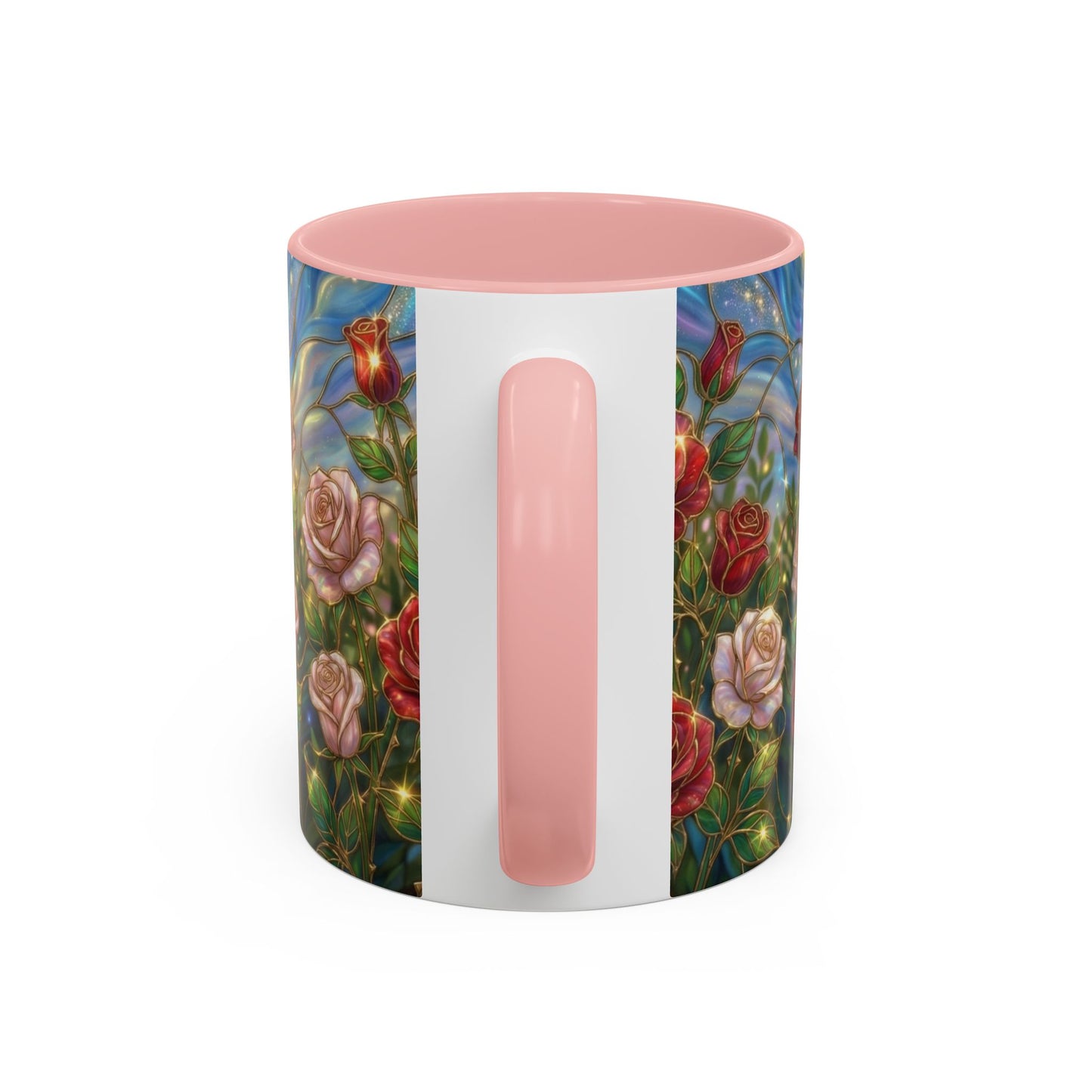 Stained Glass Rose Garden Mug, Floral Rose Coffee Cup, Elegant Flower Mug, Blue Green Gold Glass Style Design, Romantic Gift For Her