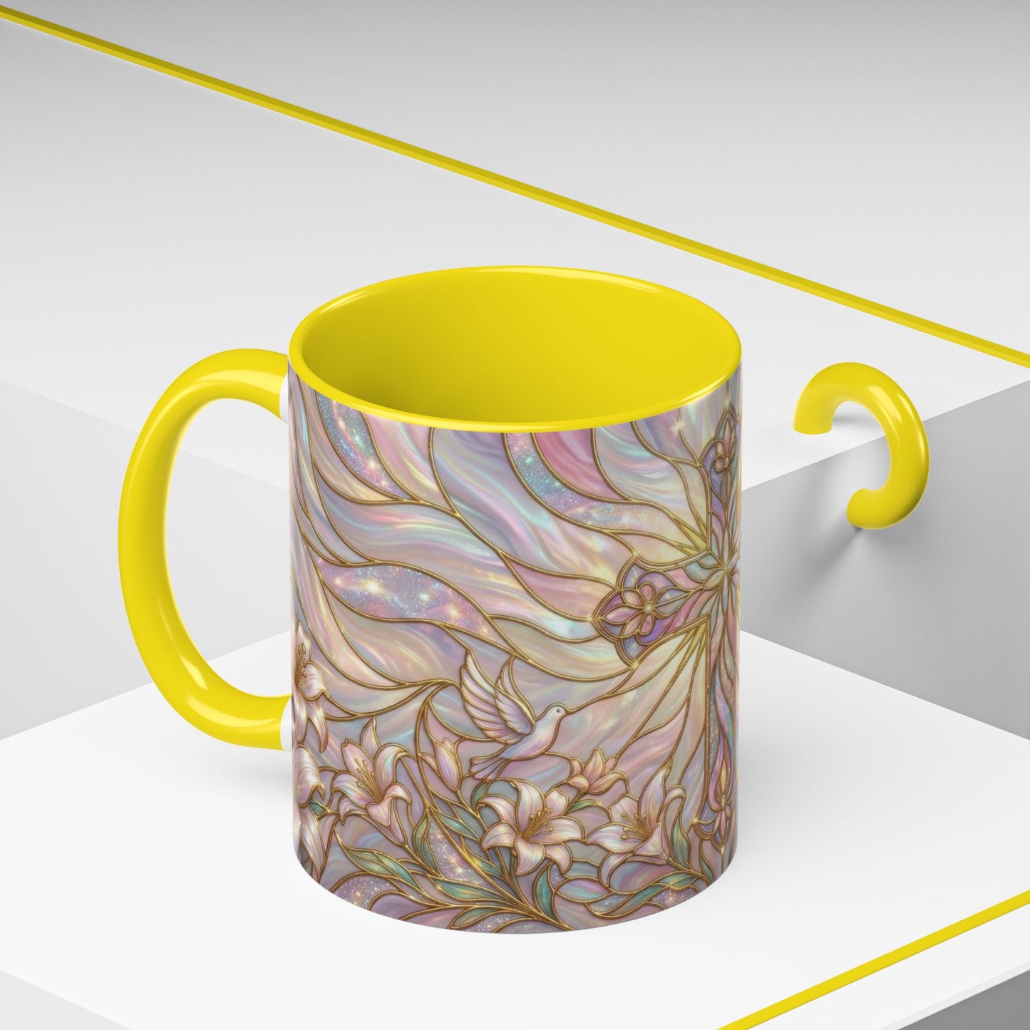 Stained Glass Cross Mug, Easter Lily Coffee Cup, Christian Gift for Women, Pastel Religious Drinkware, Dove and Faith Cup, Spiritual
