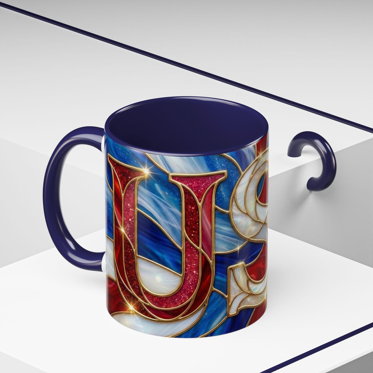USA Patriotic Coffee Mug, Stained Glass USA Mug, Red White Blue Ceramic Mug, American Flag Style Mug, 11oz 15oz Mug
