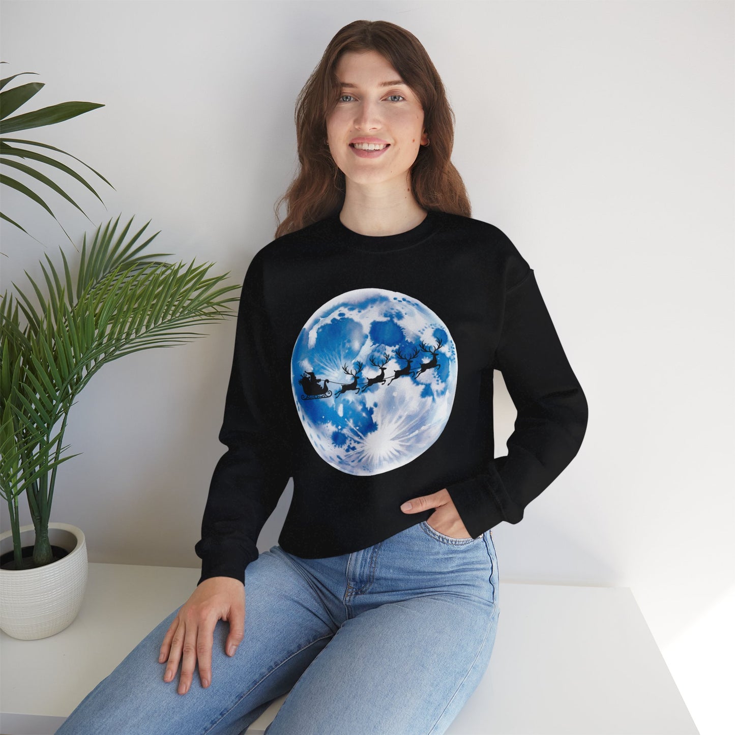 Santa And Reindeer Full Moon Christmas Sweatshirt, Holiday Night Sky Sweater, Cozy Unisex Crewneck, Festive Gift For Christmas Lovers