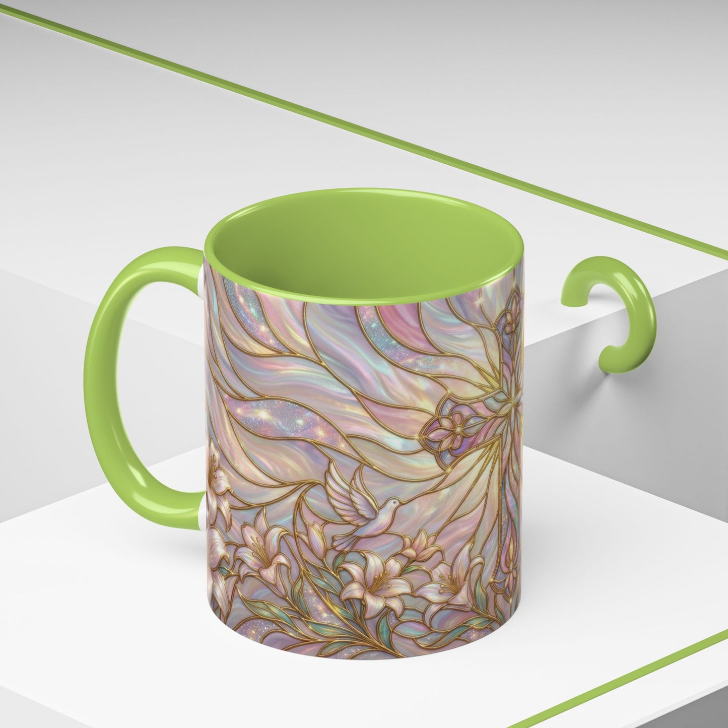Stained Glass Cross Mug, Easter Lily Coffee Cup, Christian Gift for Women, Pastel Religious Drinkware, Dove and Faith Cup, Spiritual