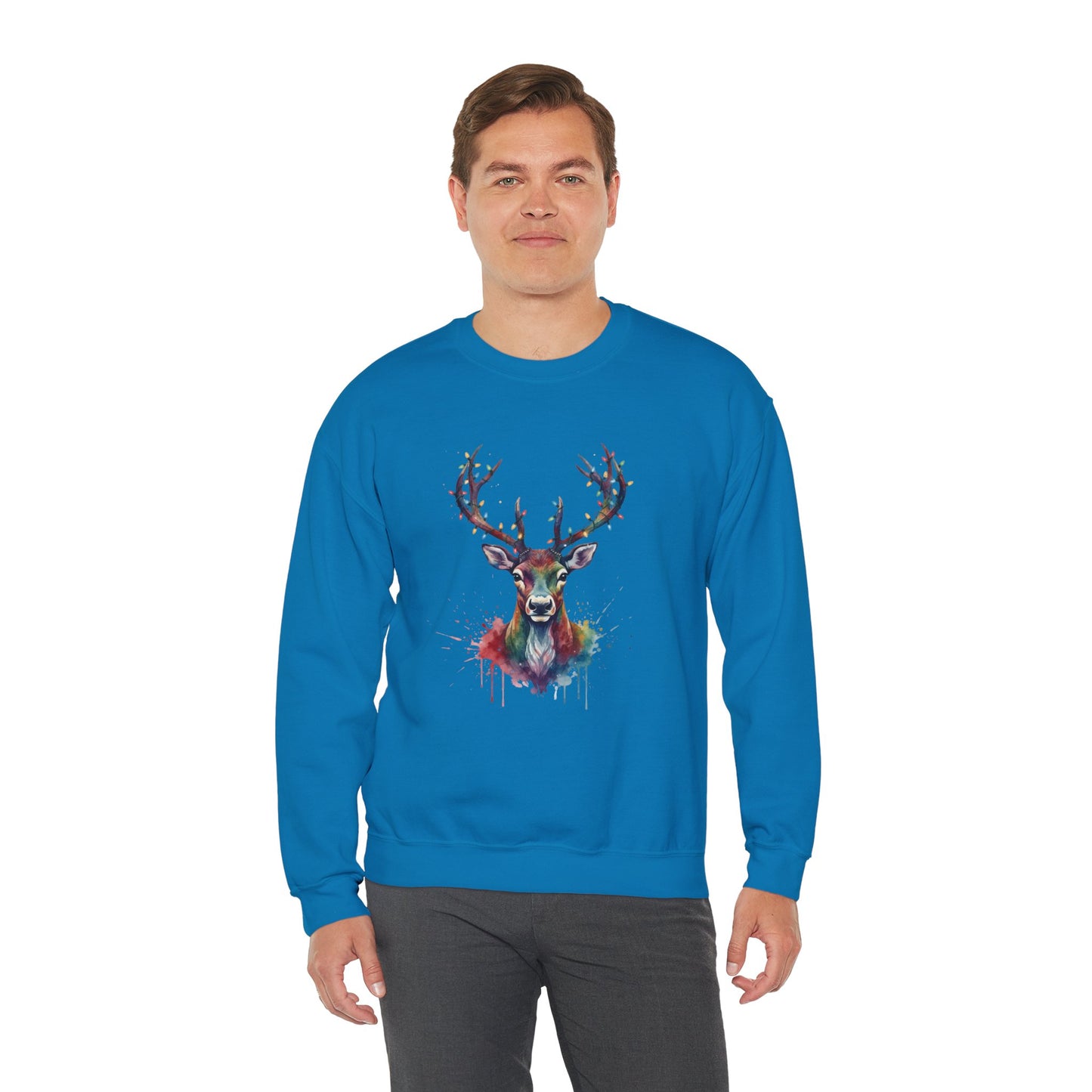 Colorful Reindeer Christmas Sweatshirt, Holiday Deer Lights Sweater, Watercolor Winter Crewneck, Festive Cozy Gift For Him Or Her