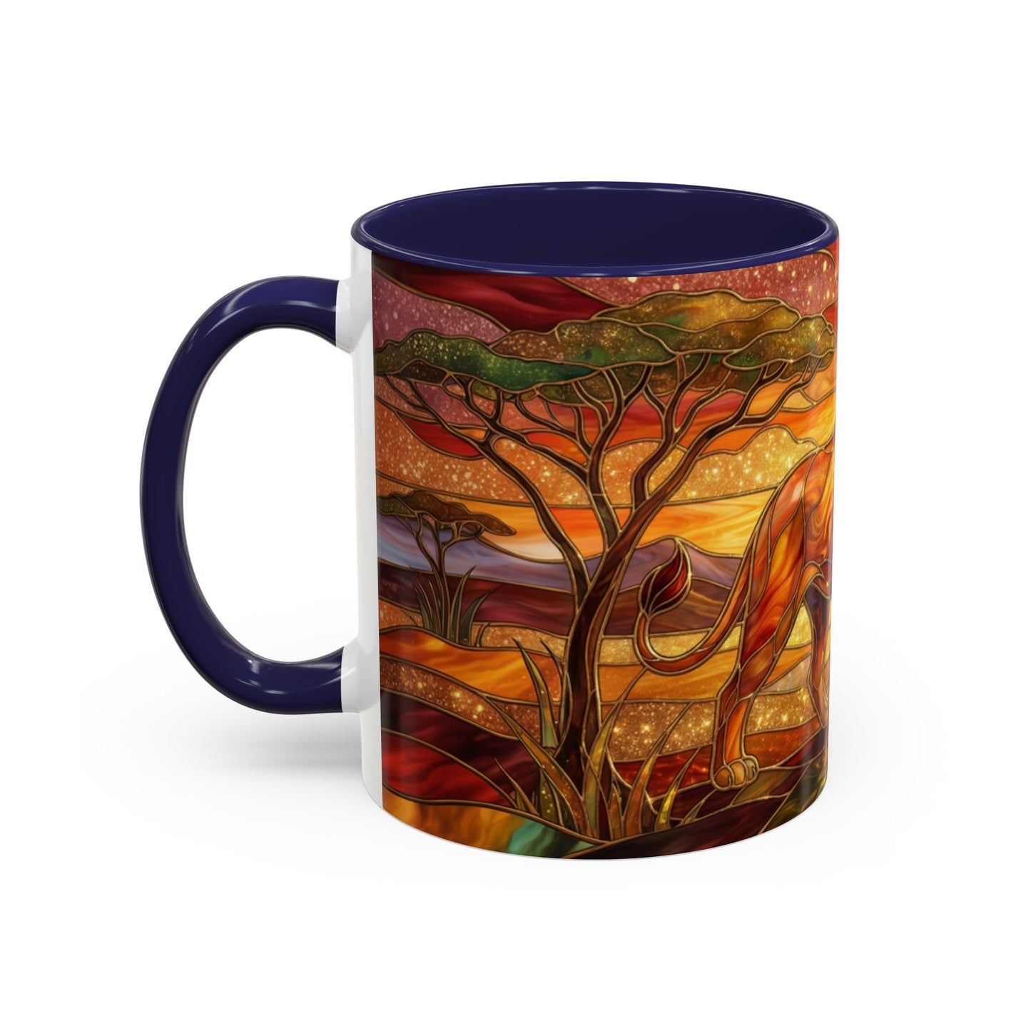 Stained Glass Lion Mug, Majestic Lion Coffee Cup, African Sunset Art Mug, Safari Wildlife Gift, Colorful Lion Lover Ceramic Mug