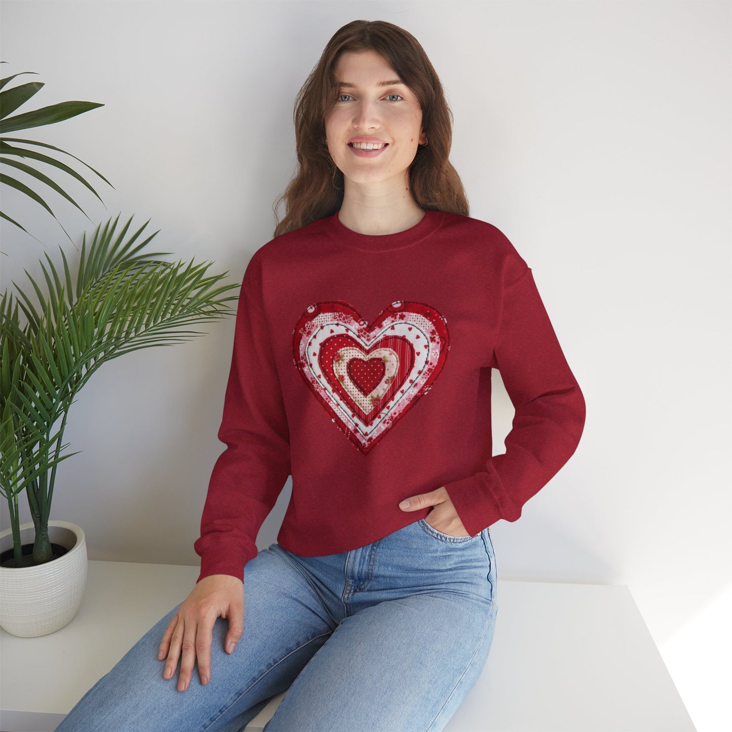 Faux Patchwork Heart Sweatshirt, Valentine Heart Shirt, Cute Valentine Gift, Retro Patchwork Crewneck, Cozy Love Sweater, Boho Heart Top