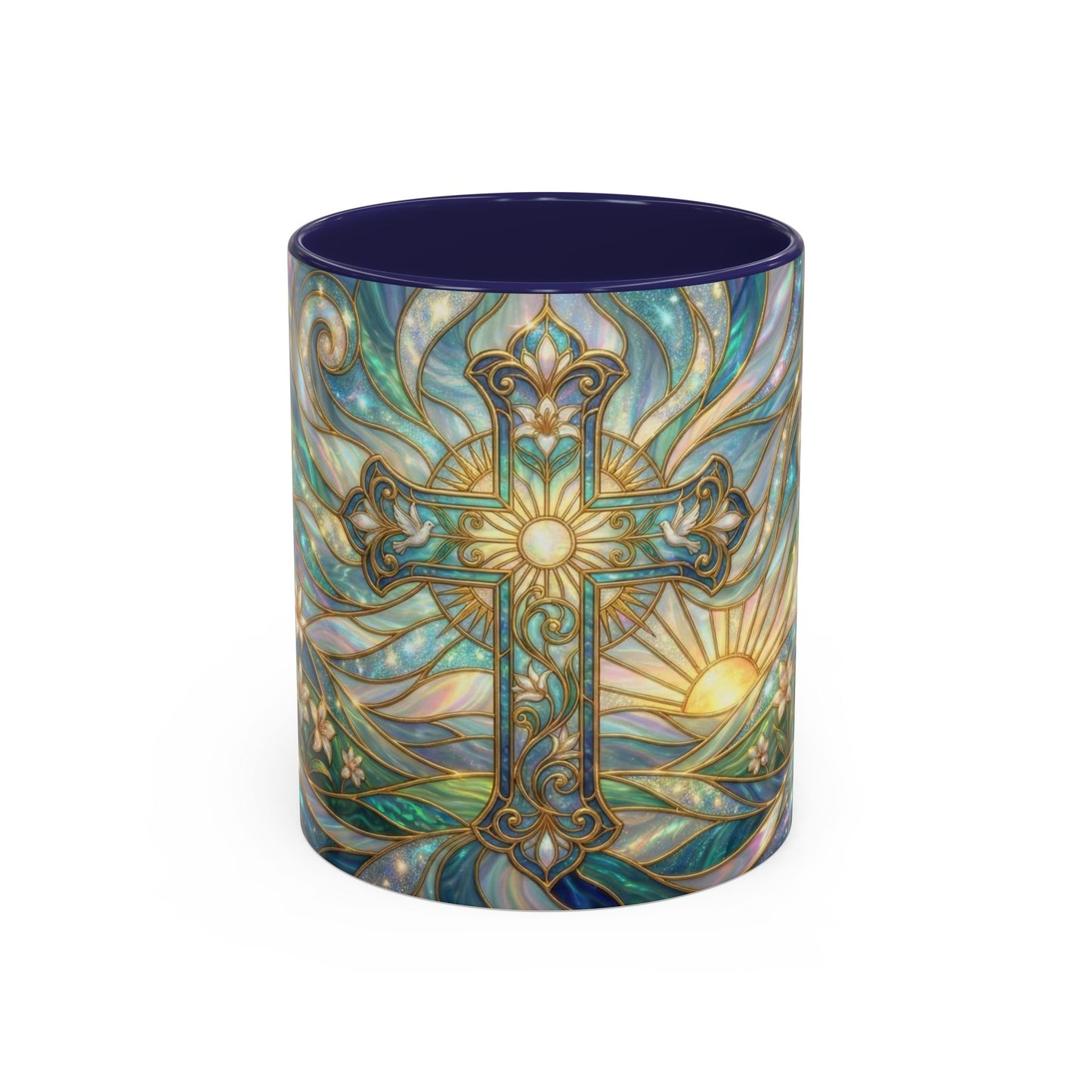 Stained Glass Cross Mug, Christian Coffee Cup, Religious Easter Gift, Celestial Faith Mug, Spiritual Sunrise Cup, Dove Lily Print Mug