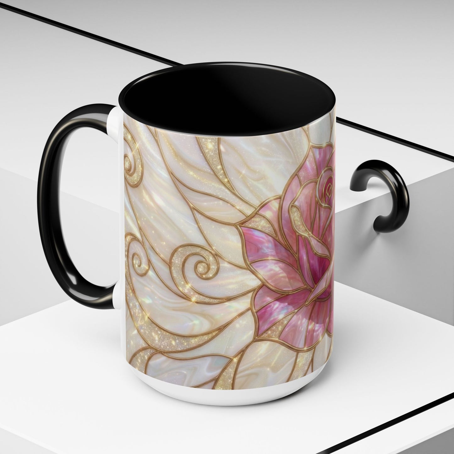 Pink Rose Stained Glass Mug, Gold Floral Coffee Cup, Romantic Flower Tea Cup, Gardener Gift For Mom, Botanical Art, Wife Birthday Gift