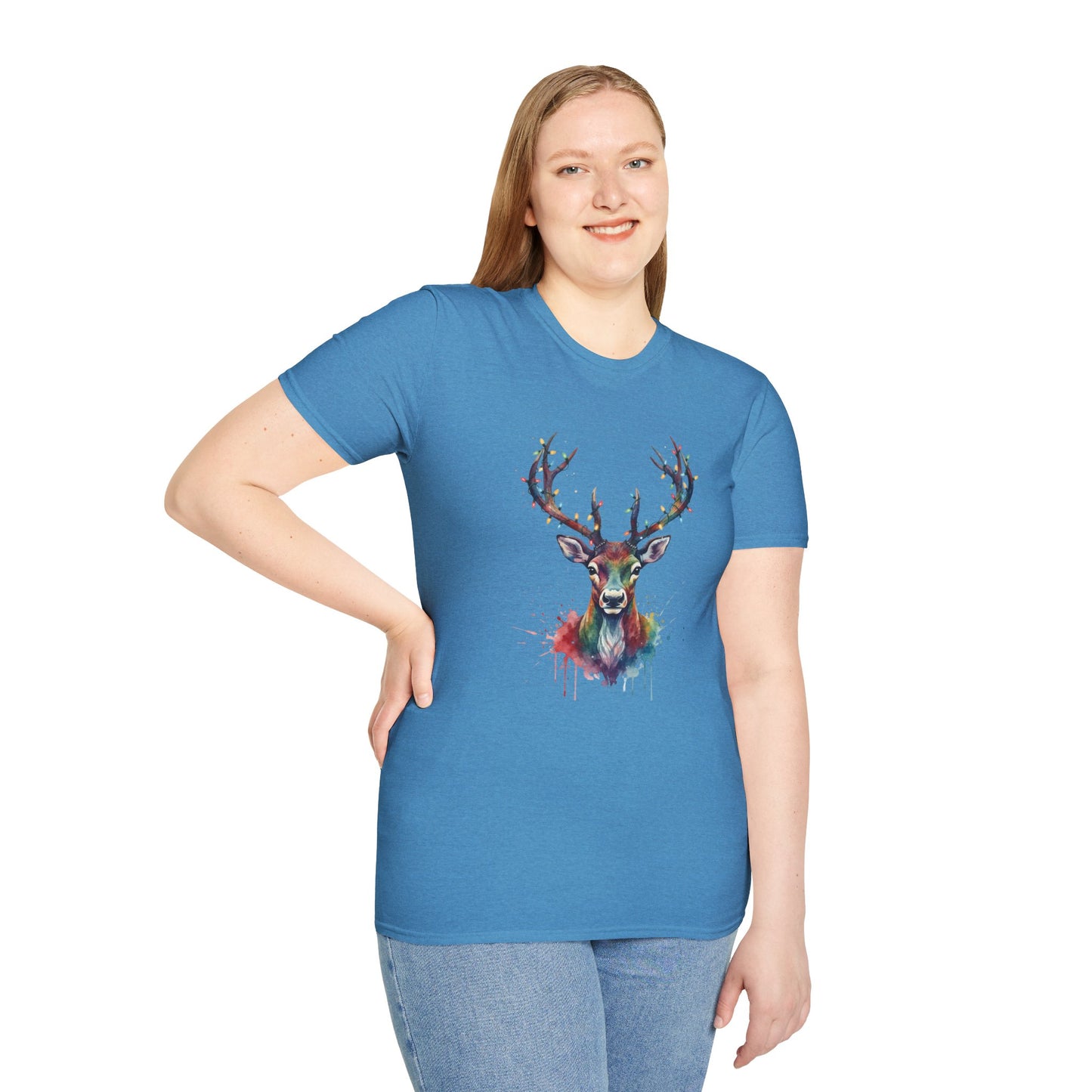 Christmas Deer Shirt, Watercolor Buck T-Shirt, Deer With Christmas Lights Tee, Holiday Wildlife Art Shirt, Colorful Deer Head Xmas Tee