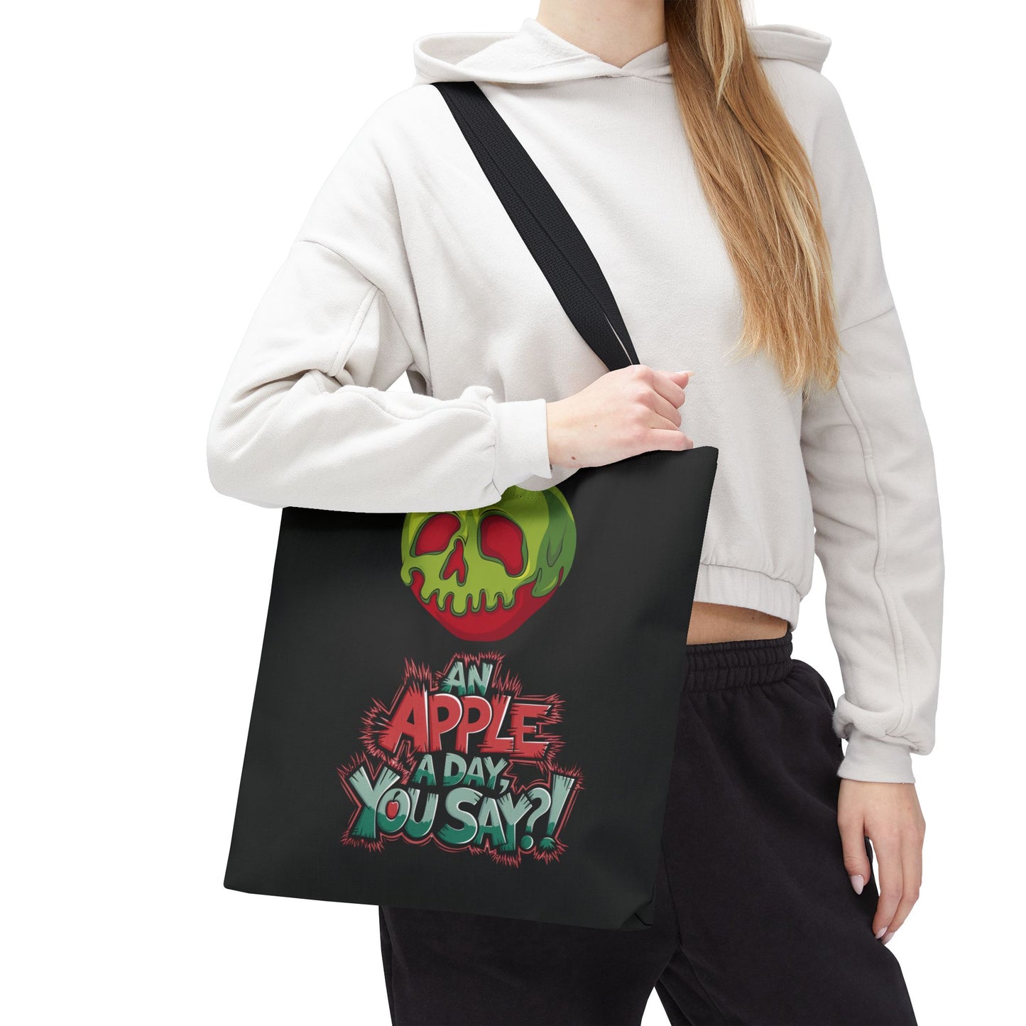 Spooky Halloween Tote Bag – Poison Apple Design – Funny Gothic Tote – Trick or Treat Bag – Creepy Apple Pun Gift – Black Tote Bag