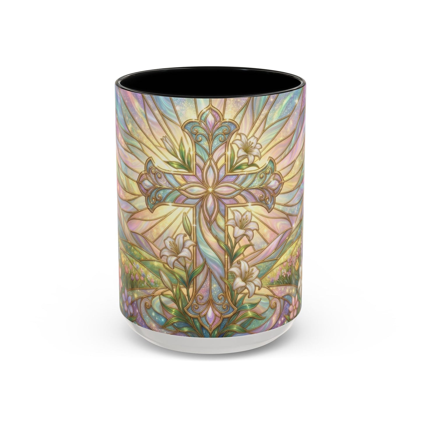 Stained Glass Cross Mug, Easter Lily Coffee Cup, Christian Religious Gift, Pastel Floral Faith Mug, Spring Believer Cup, Baptism Present