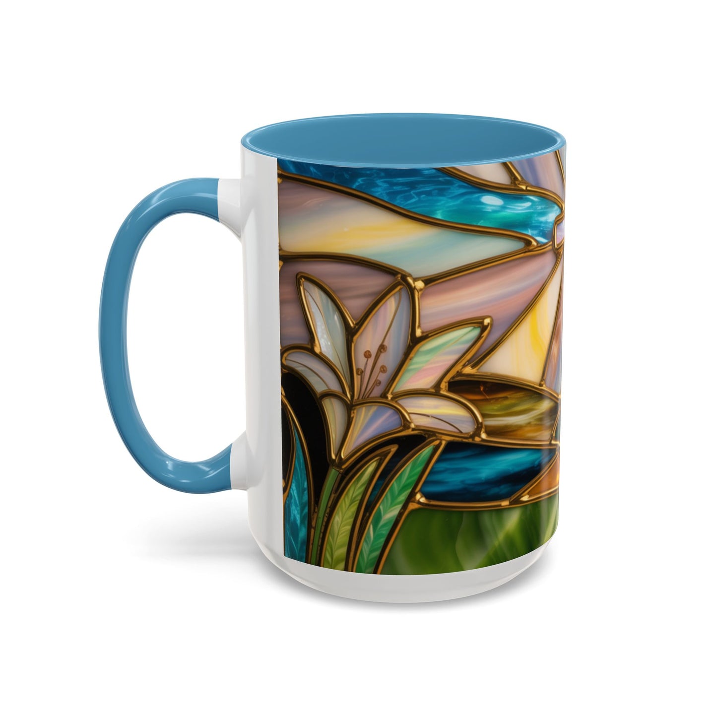 Stained Glass Cross Mug, Christian Sunrise Coffee Cup, Religious Floral Art Mug, Inspirational Faith Gift For Women, Colorful Stained Glass Design