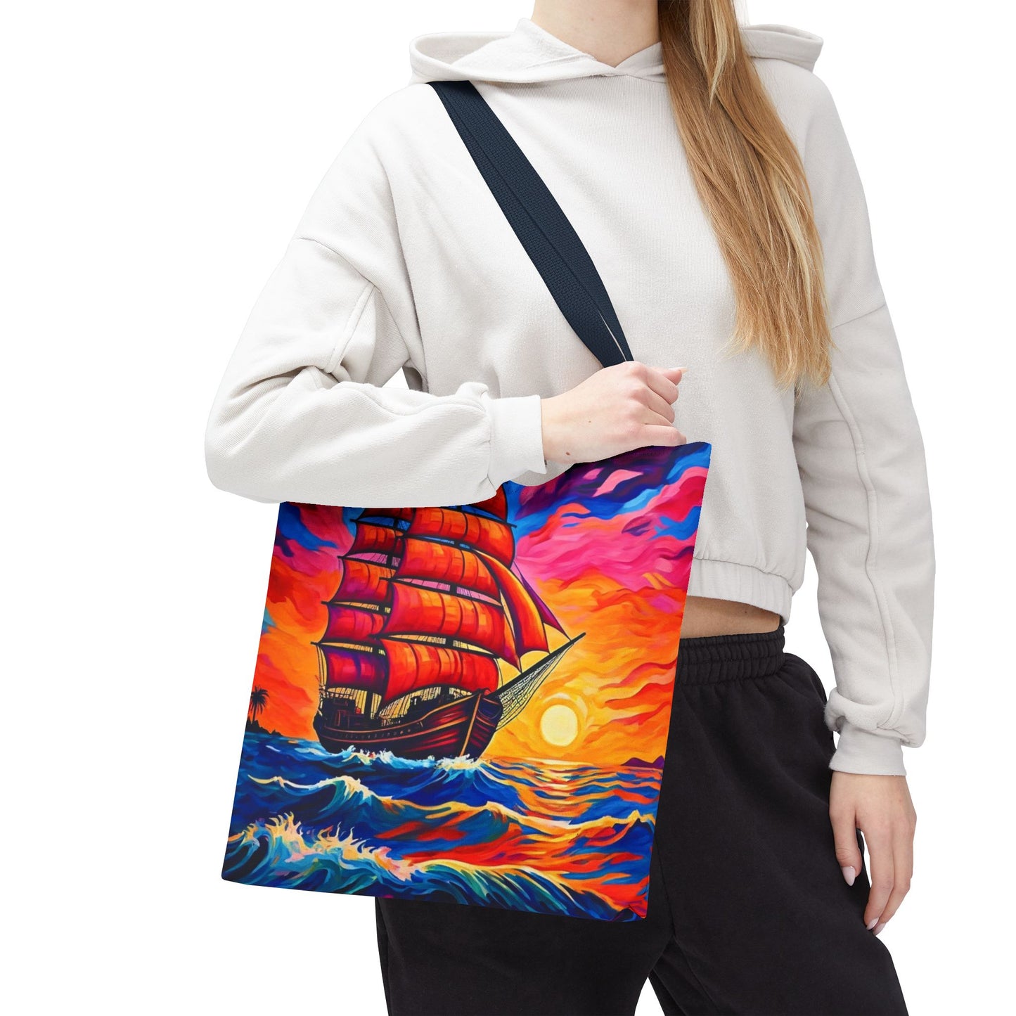 Crimson Voyage Tote Bag, Red Sailboat At Sunset Artistic Ocean Design, Nautical Reusable Tote For Beach, Travel, And Everyday Use